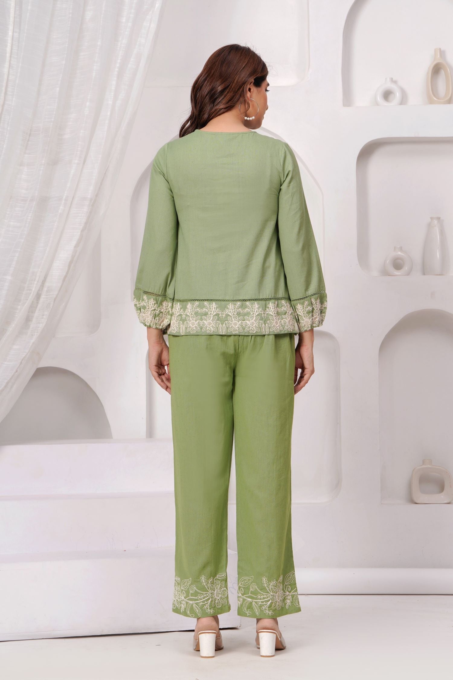 FREYAA Green Cord Set Featuring Beautiful Embroidery Details