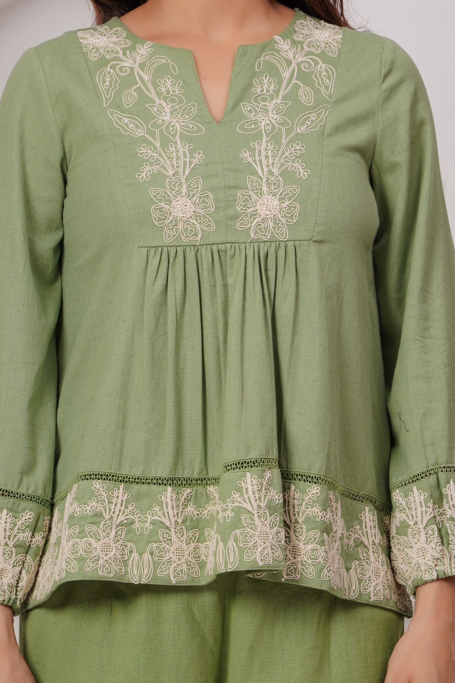 FREYAA Green Cord Set Featuring Beautiful Embroidery Details
