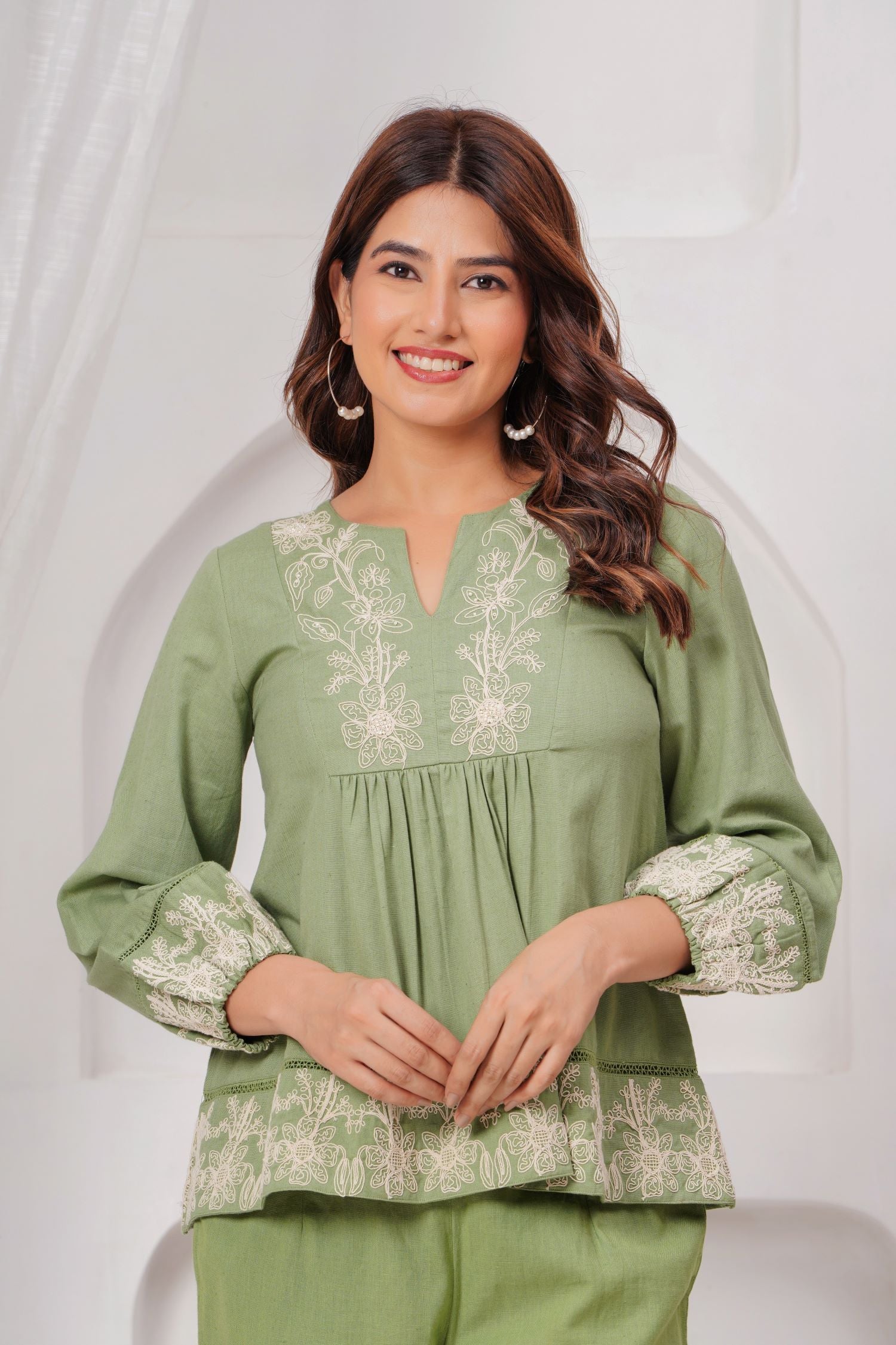FREYAA Green Cord Set Featuring Beautiful Embroidery Details