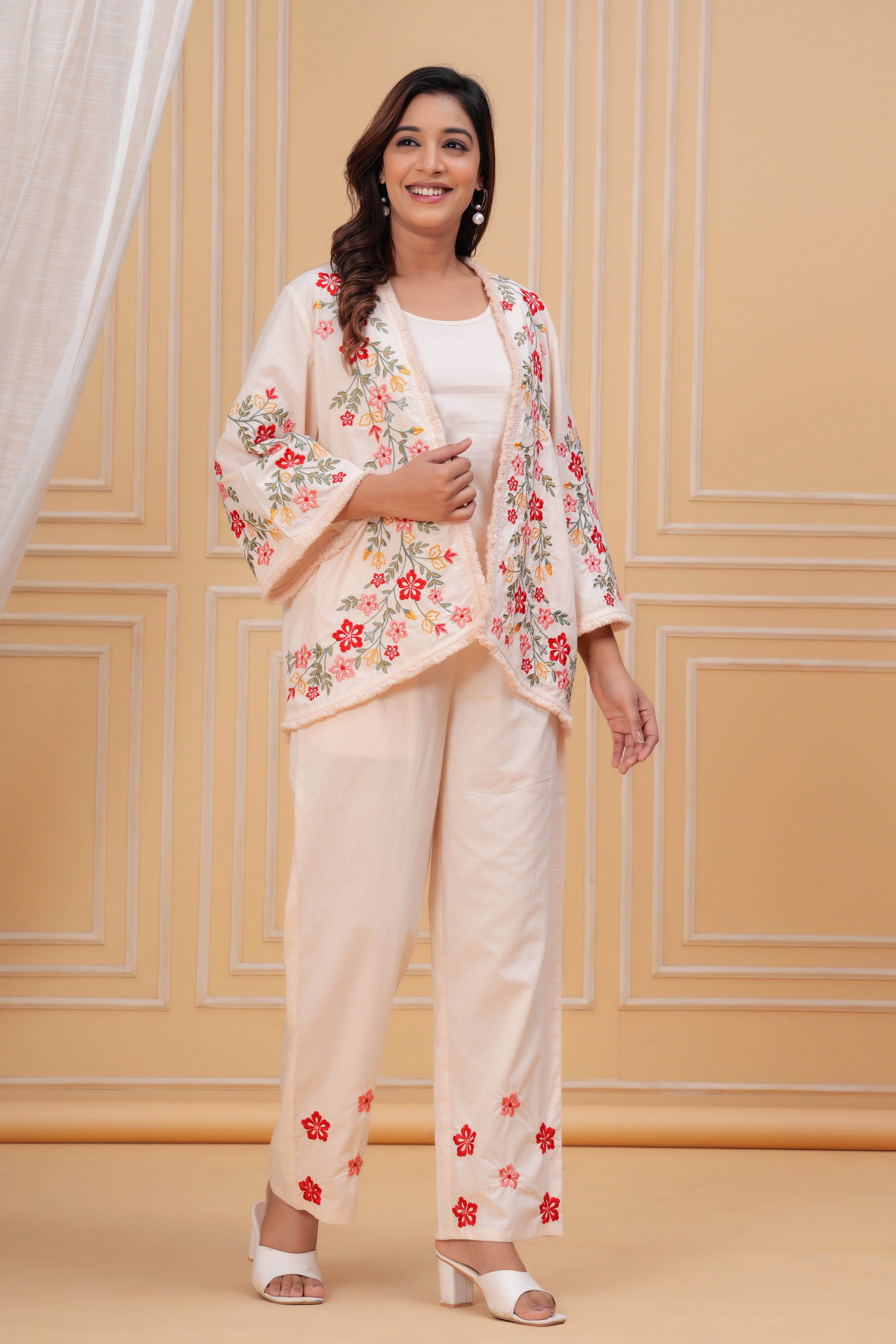 Blossom Beige Floral Threadwork Cord Set
