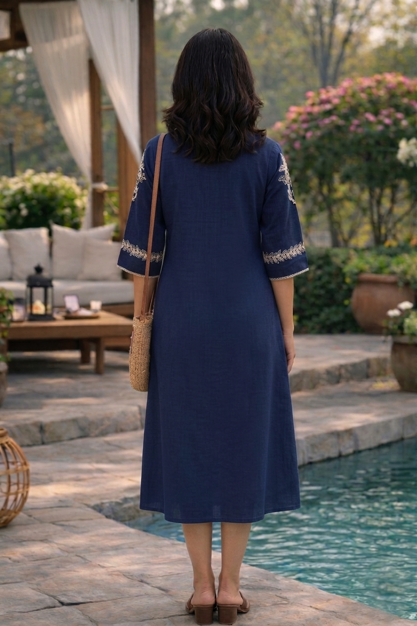 Navy Blue Embroidered Long Dress with Flared Fit