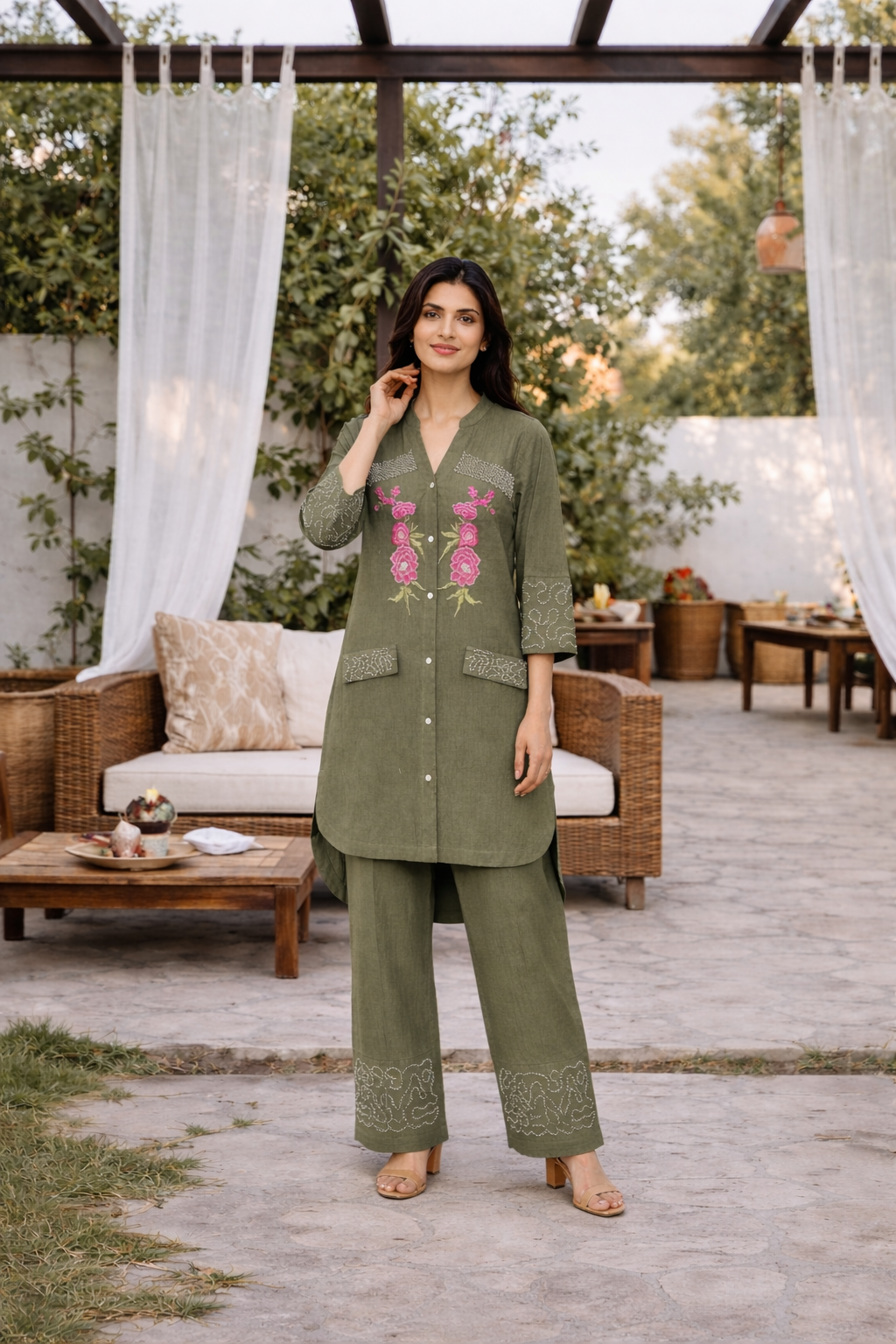 Olive Green Embroidered Co-ord Set