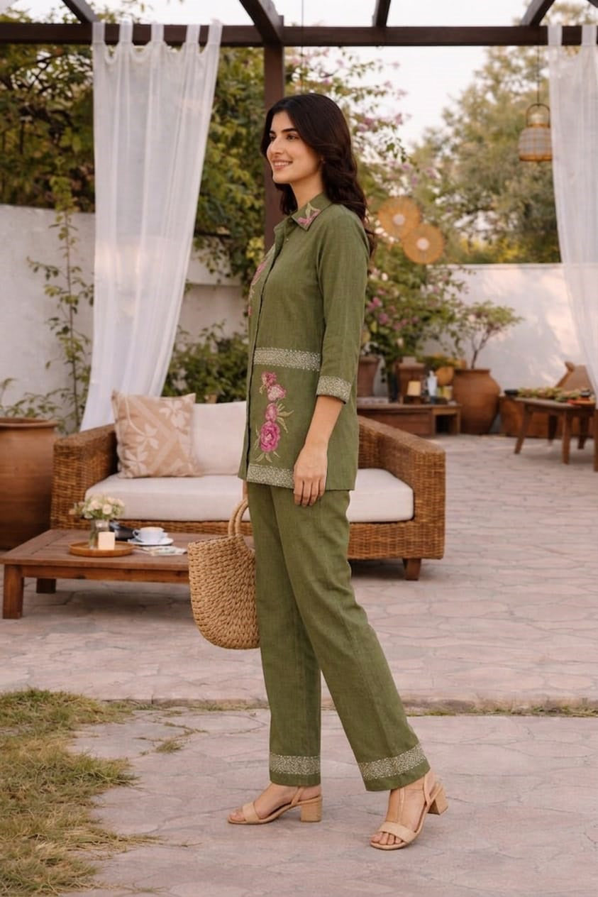 Olive Green Embroidered Co-ord Set with Straight Pants