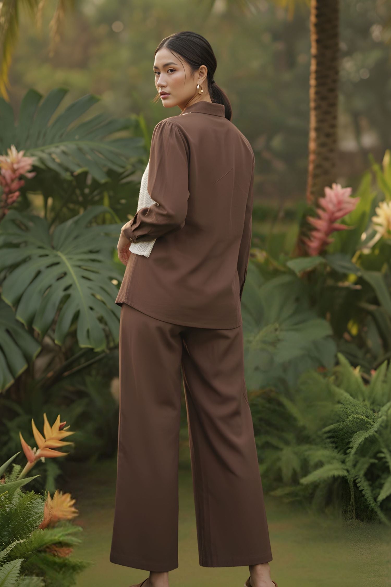 Relaxed Cord Set: Coffee Brown Shirt, Knitted Shrug & Wide Relaxed Bottom.