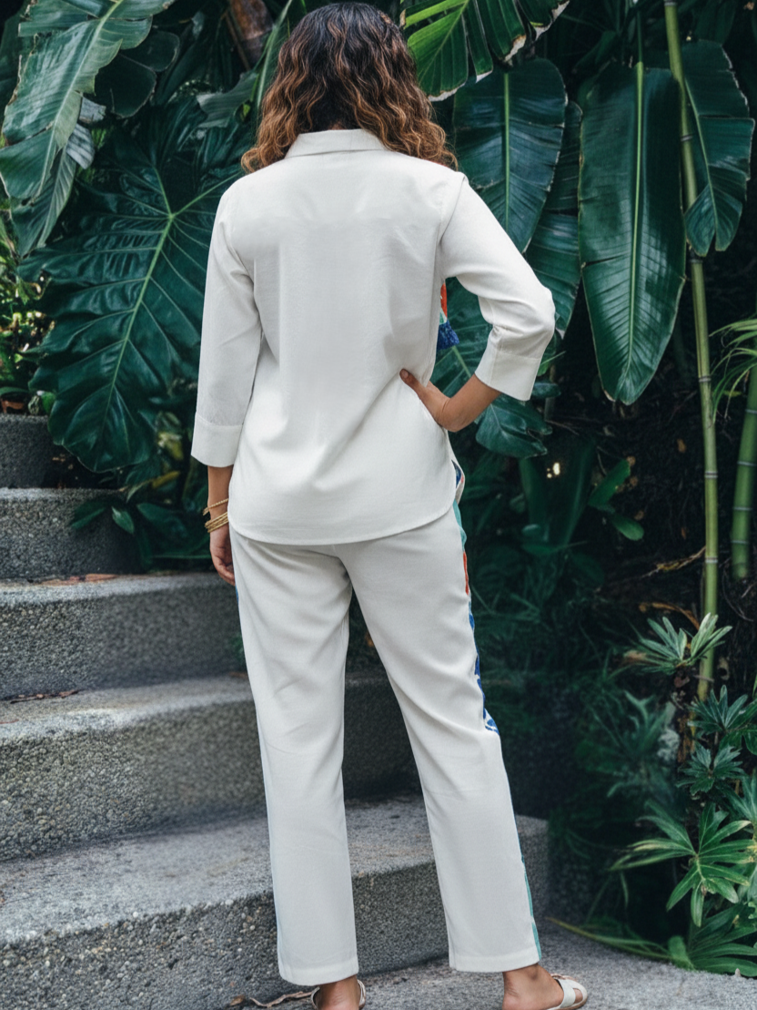 White Cotton Co-ord Set with Ikat-Inspired Panel Design & Shirt Collar