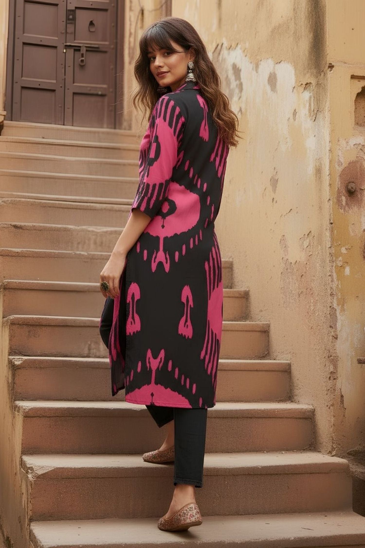 Abstract Printed Pink Black Shirt Midi Dress