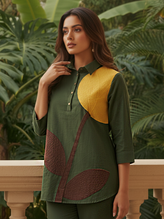 Green Cotton Co-ord Set with Leaf Print Design