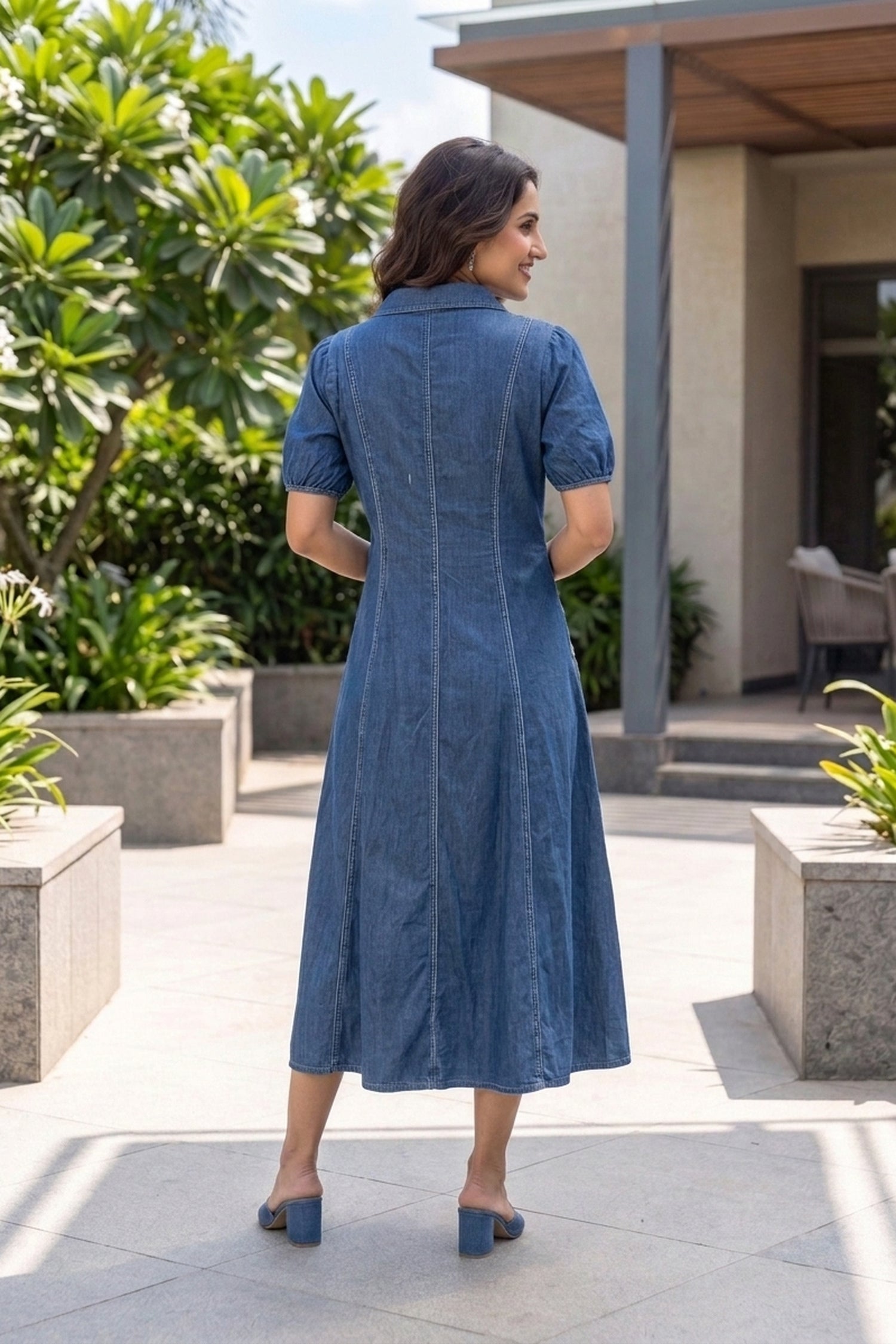 Royal Blue Side-Embroidered Mandarin Collar Long Dress
