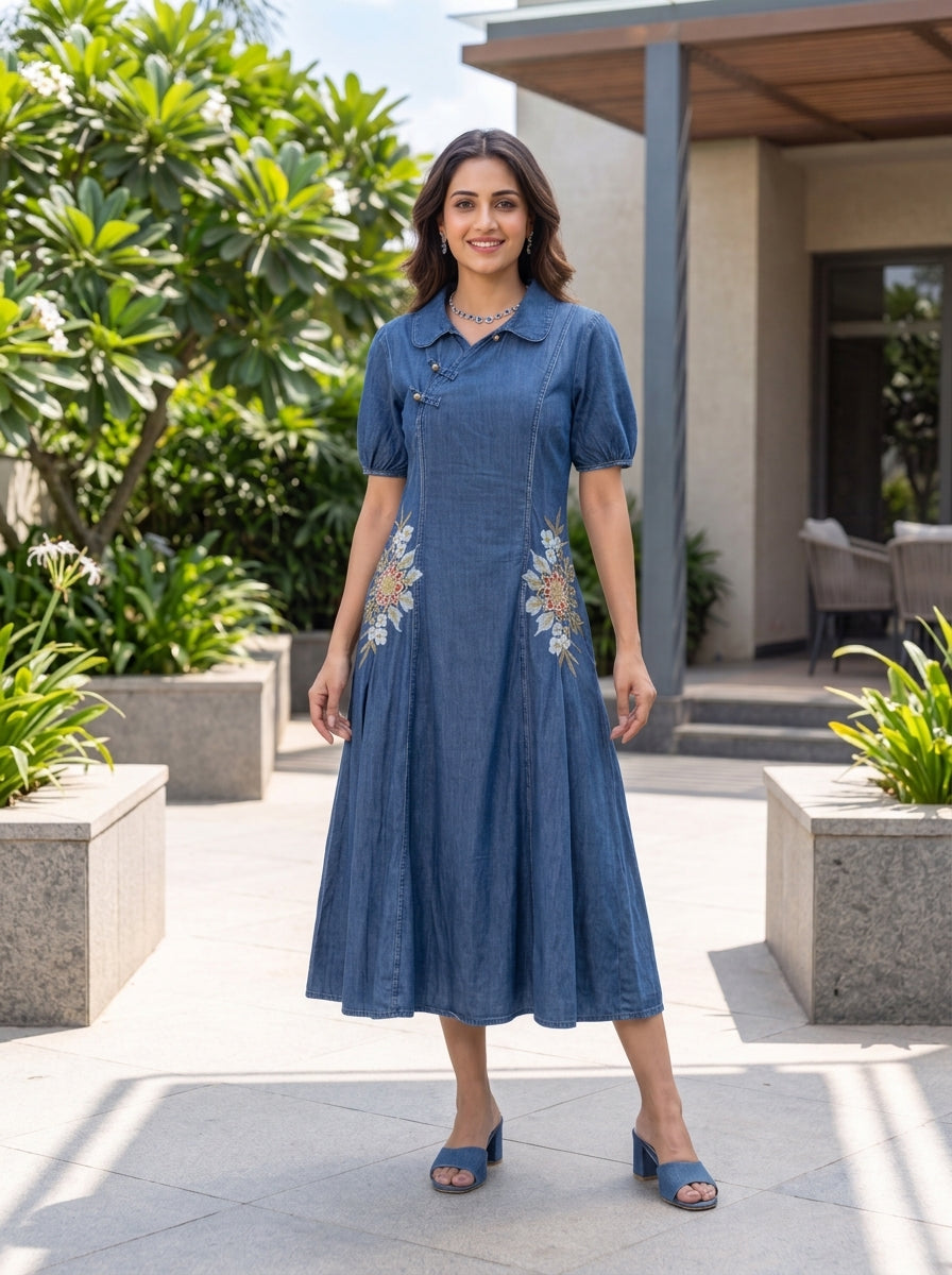 Royal Blue Side-Embroidered Mandarin Collar Long Dress