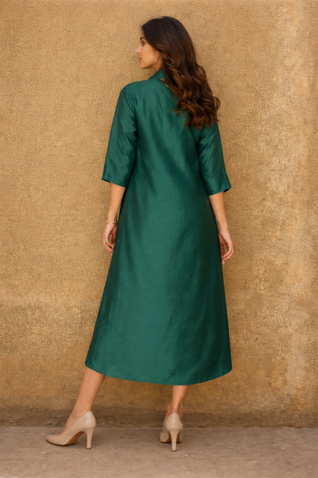 Green Satin Long Dress with Artistic Block Print Work