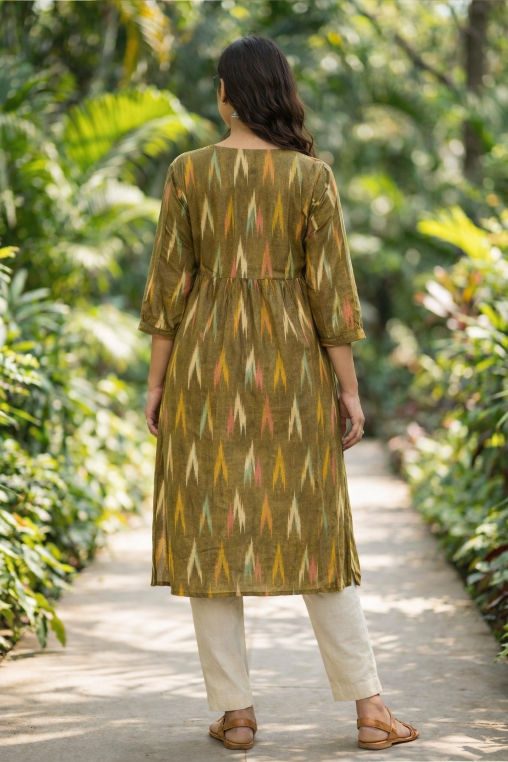 Greenish Yellow Multicolor Patterned Long Kurti