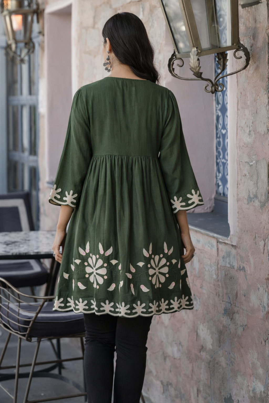 Dark Green Bloom Cotton Neck Printed Tunic