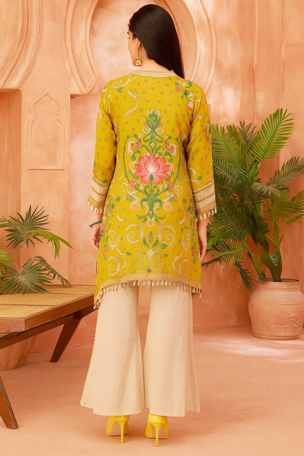 Embroidered Parrot Green Cord Set With Kodi Neckline with Beige Pants
