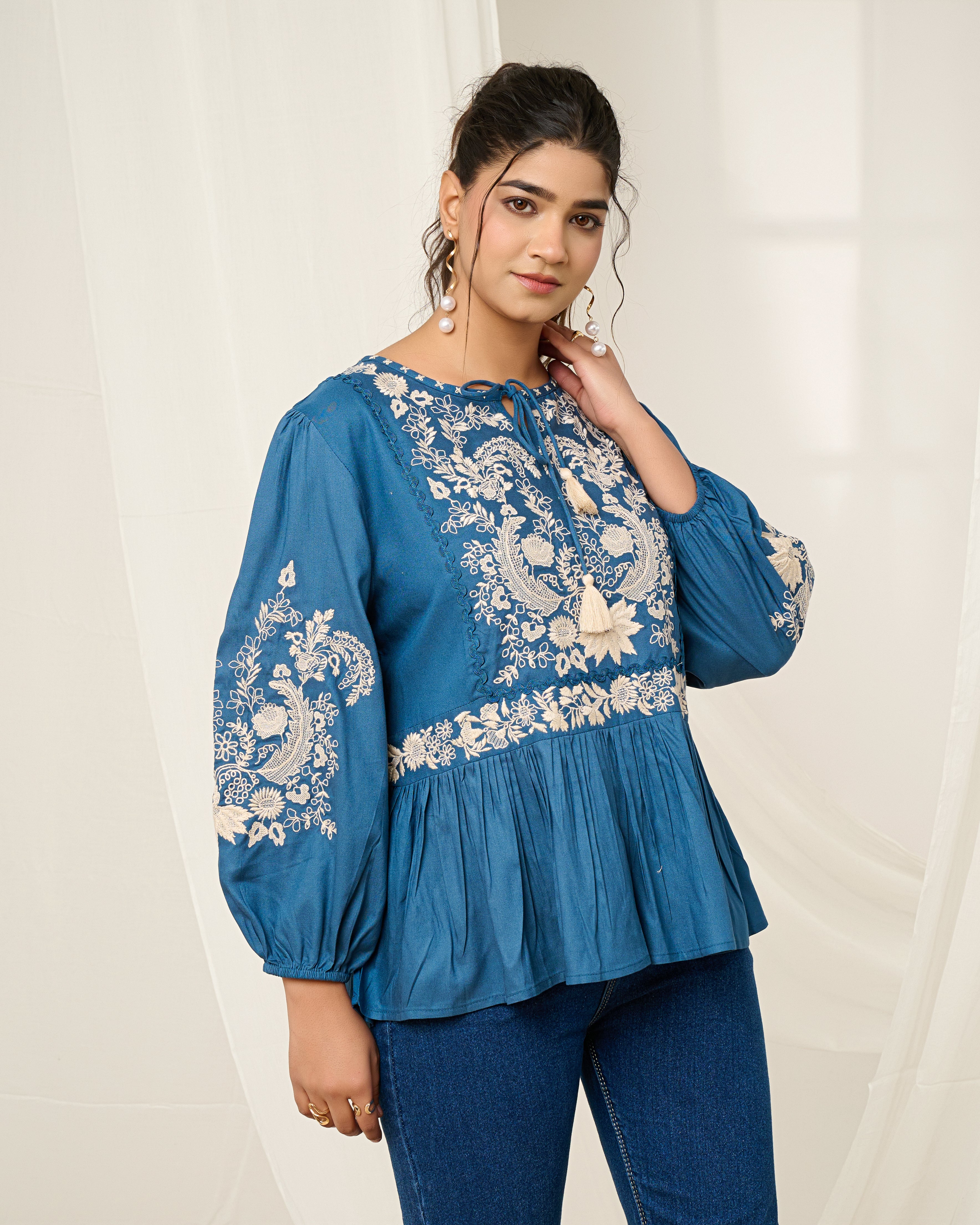 Blue Embroidered Cotton Top