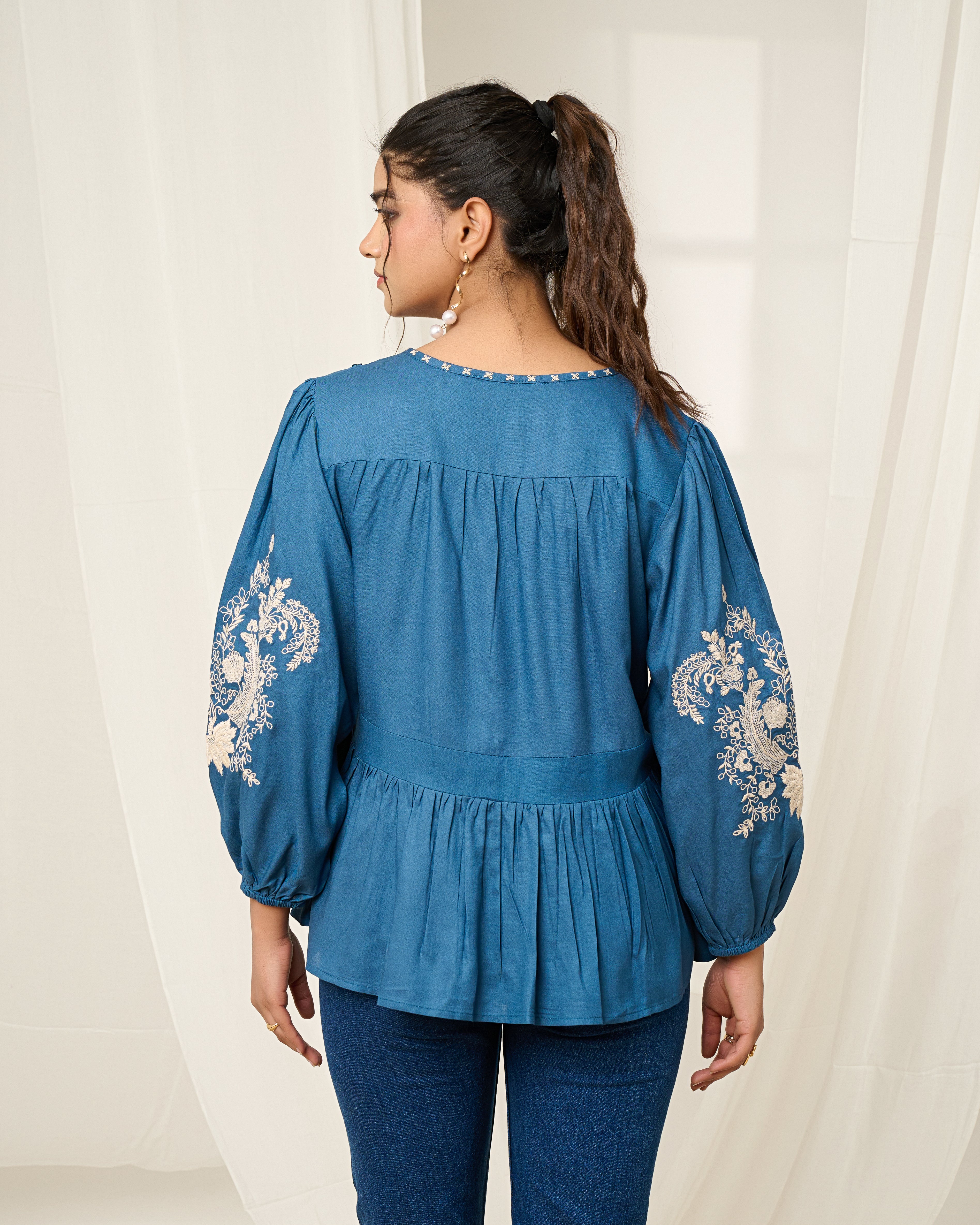 Blue Embroidered Cotton Top