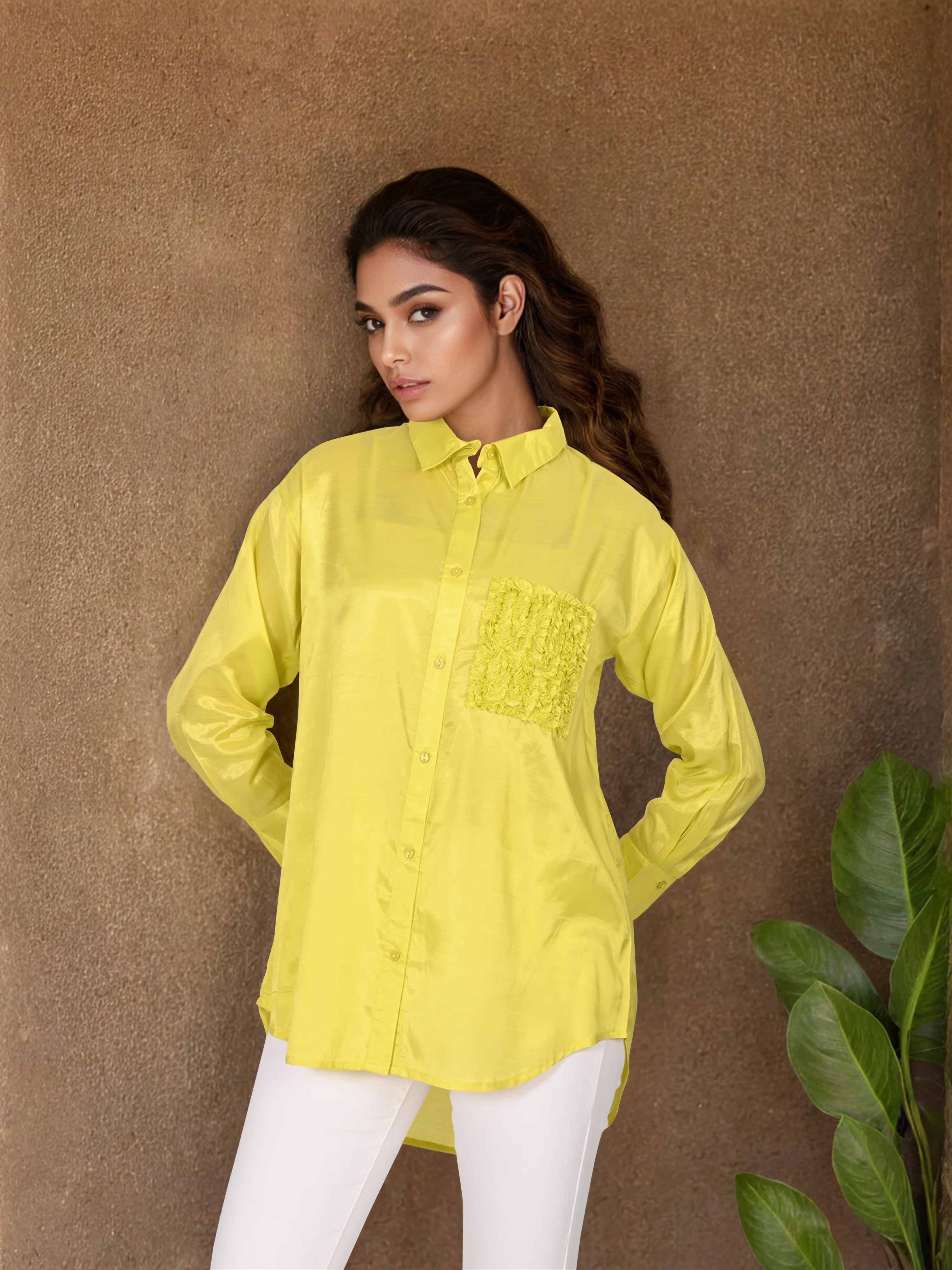 Yellow High-Low Shirt with Embroidered Pocket