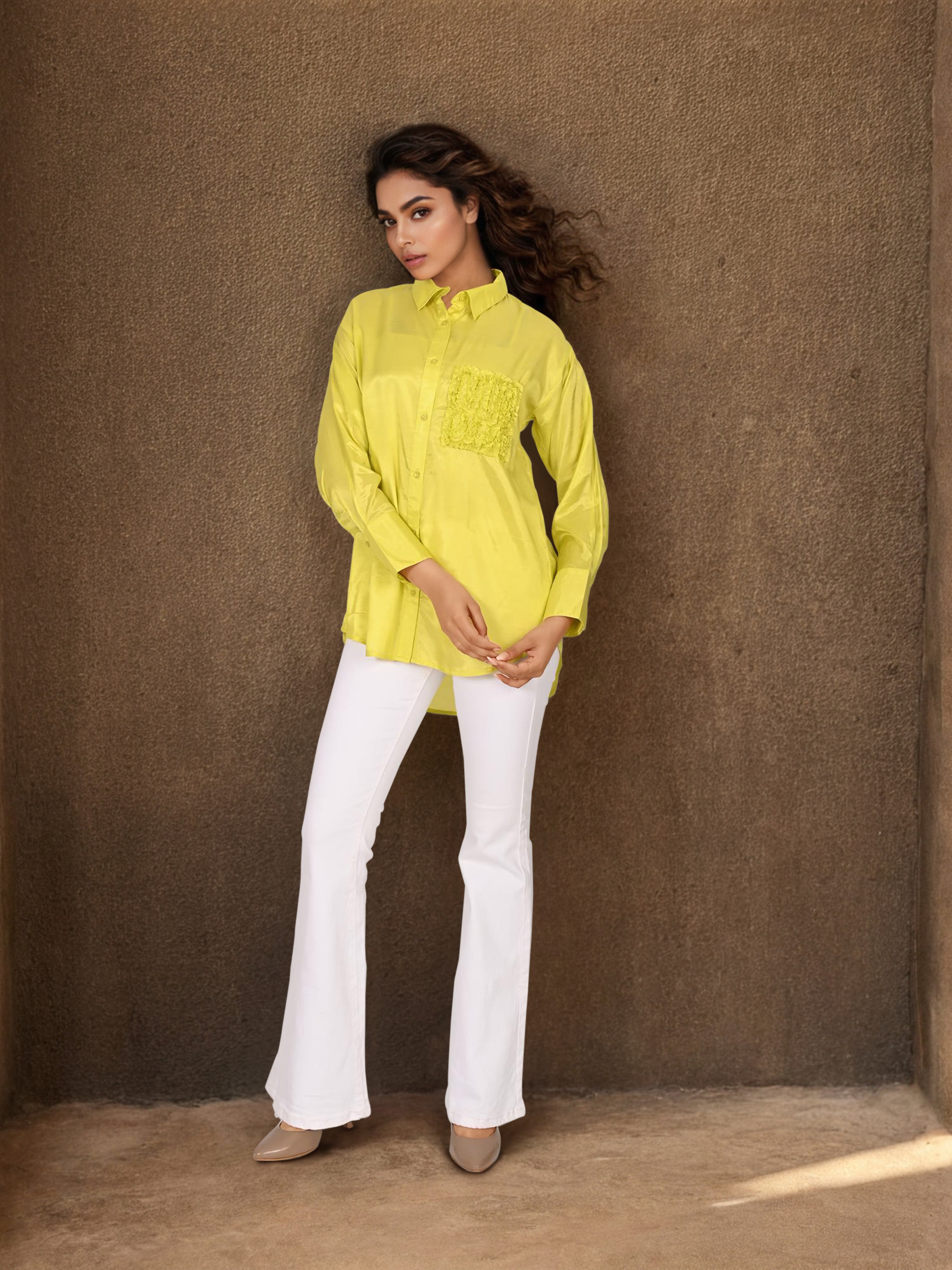 Yellow High-Low Shirt with Embroidered Pocket