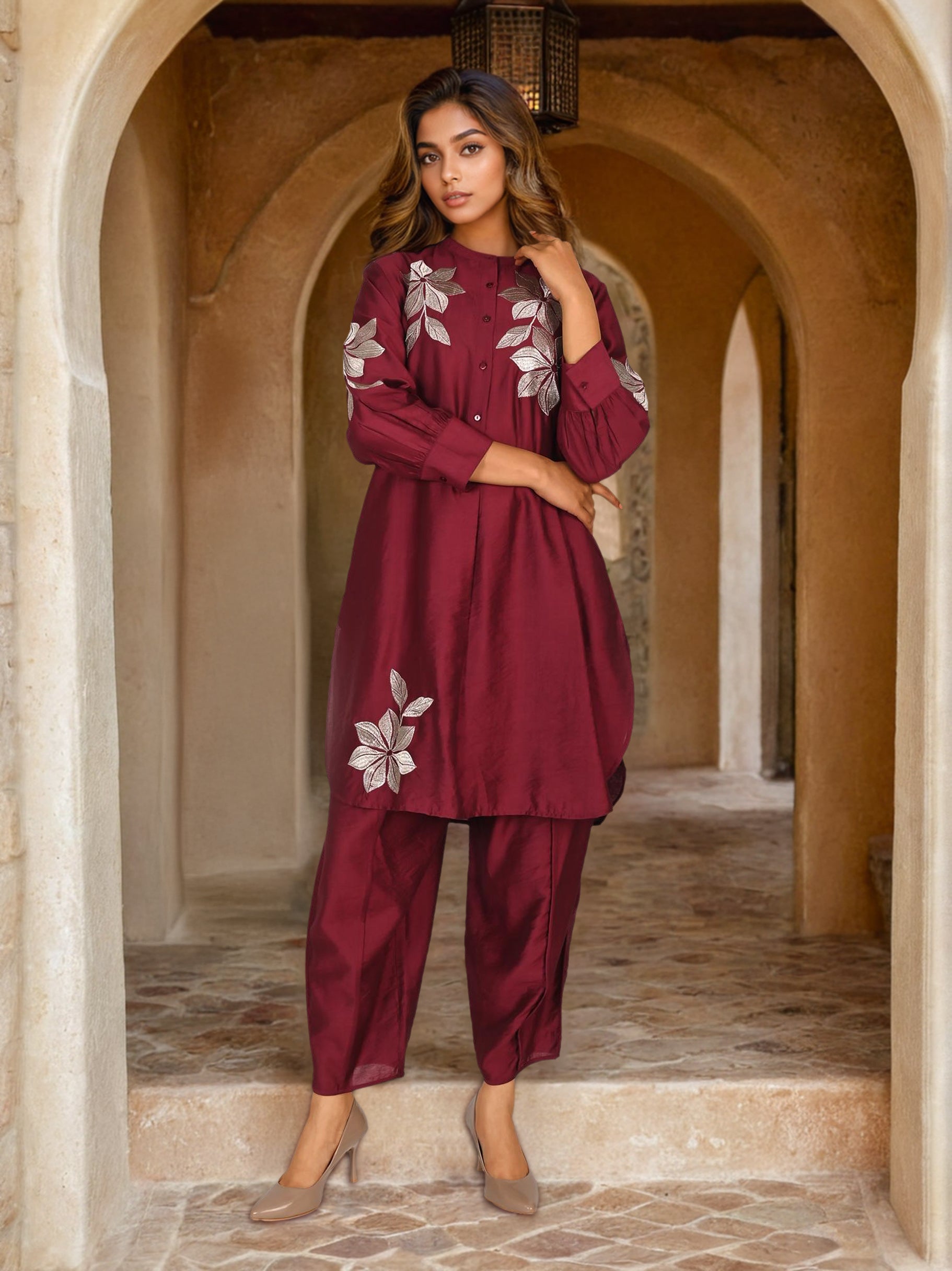 Wine Cord Set with Delicate Floral Embroidered Top
