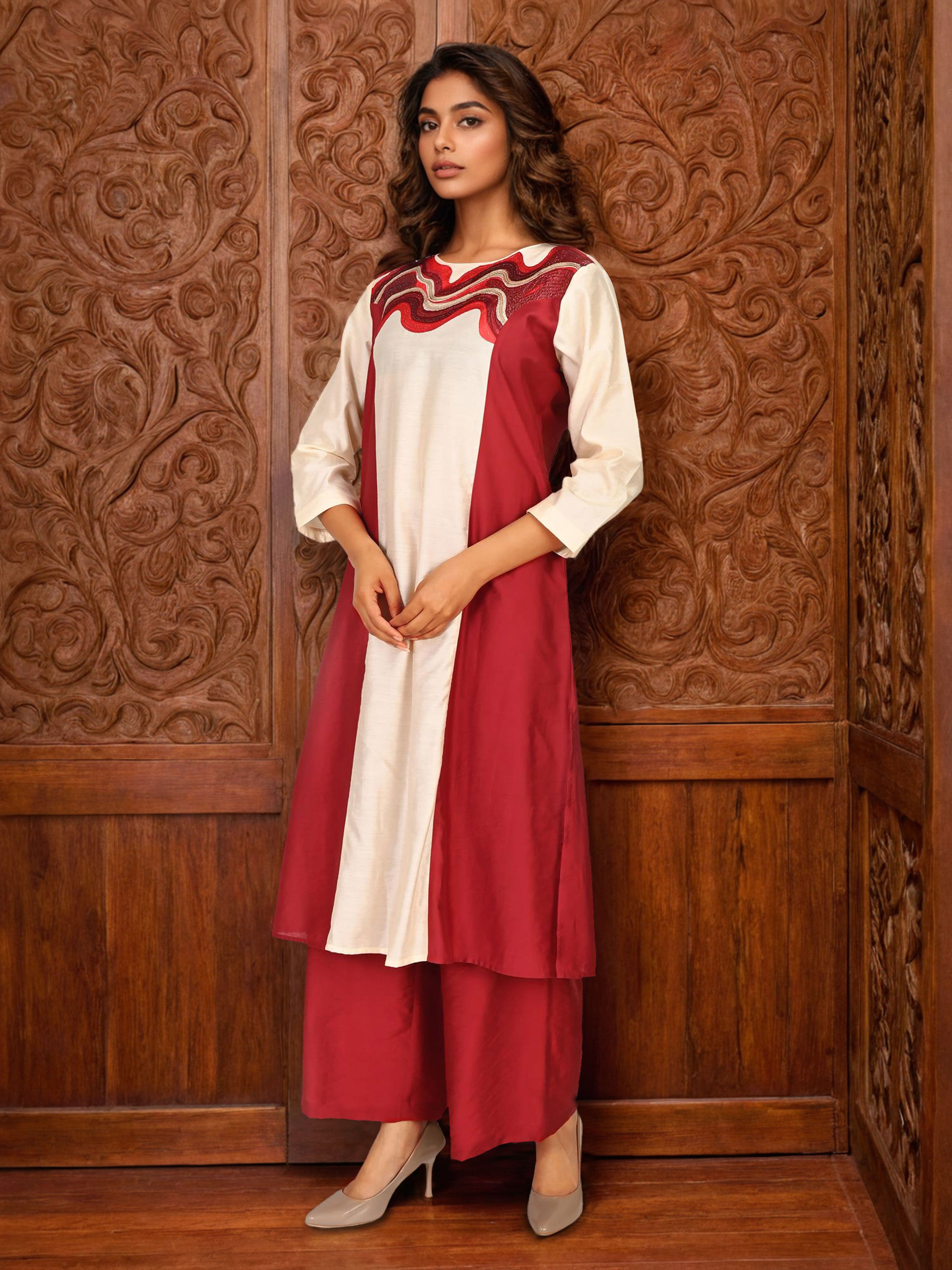 Beige and Red Satin Cord Set Showcasing Wavy Neckline Pattern