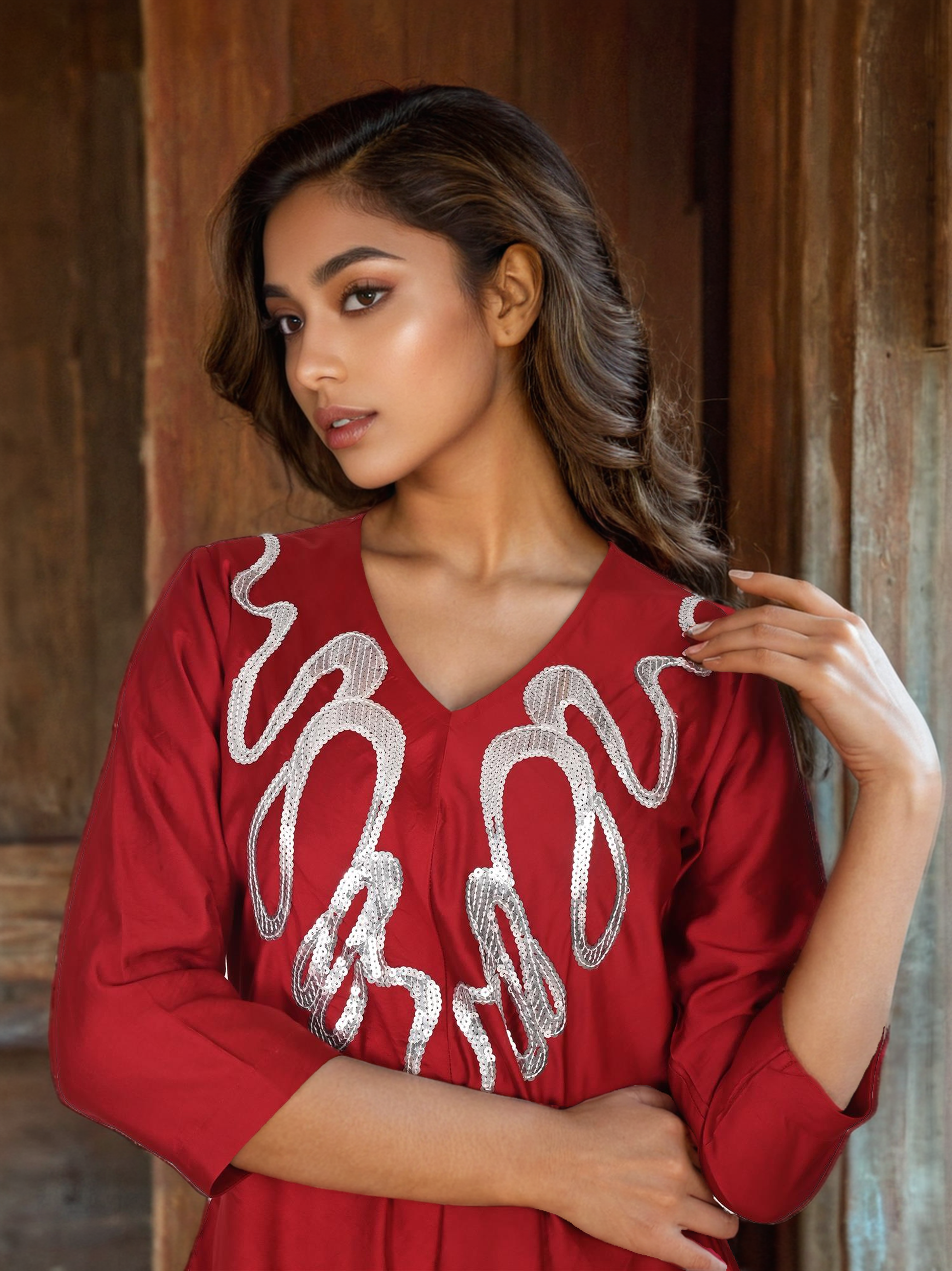 Maroon Satin Cord Set with Neckline Detailing