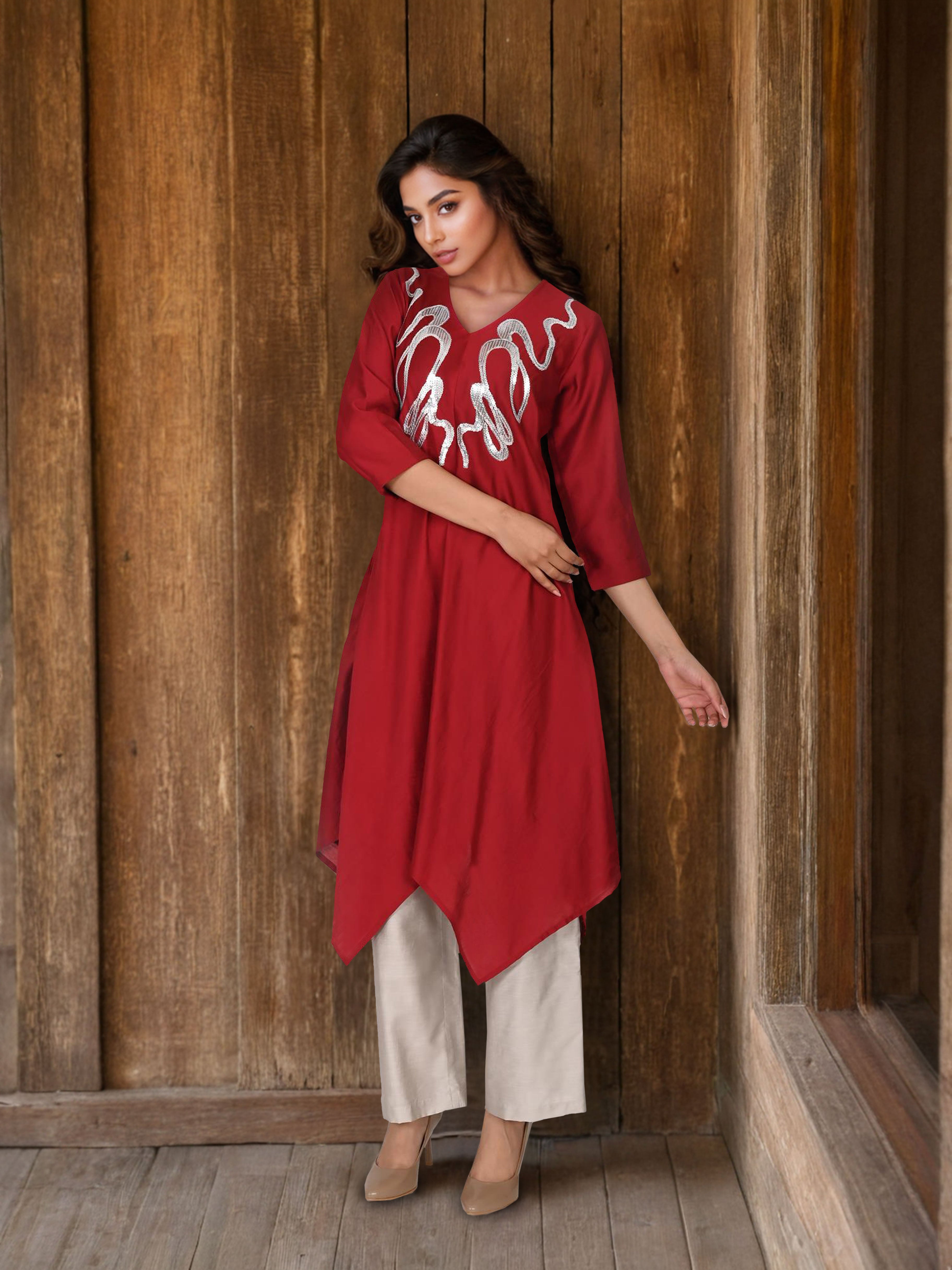 Maroon Satin Cord Set with Neckline Detailing