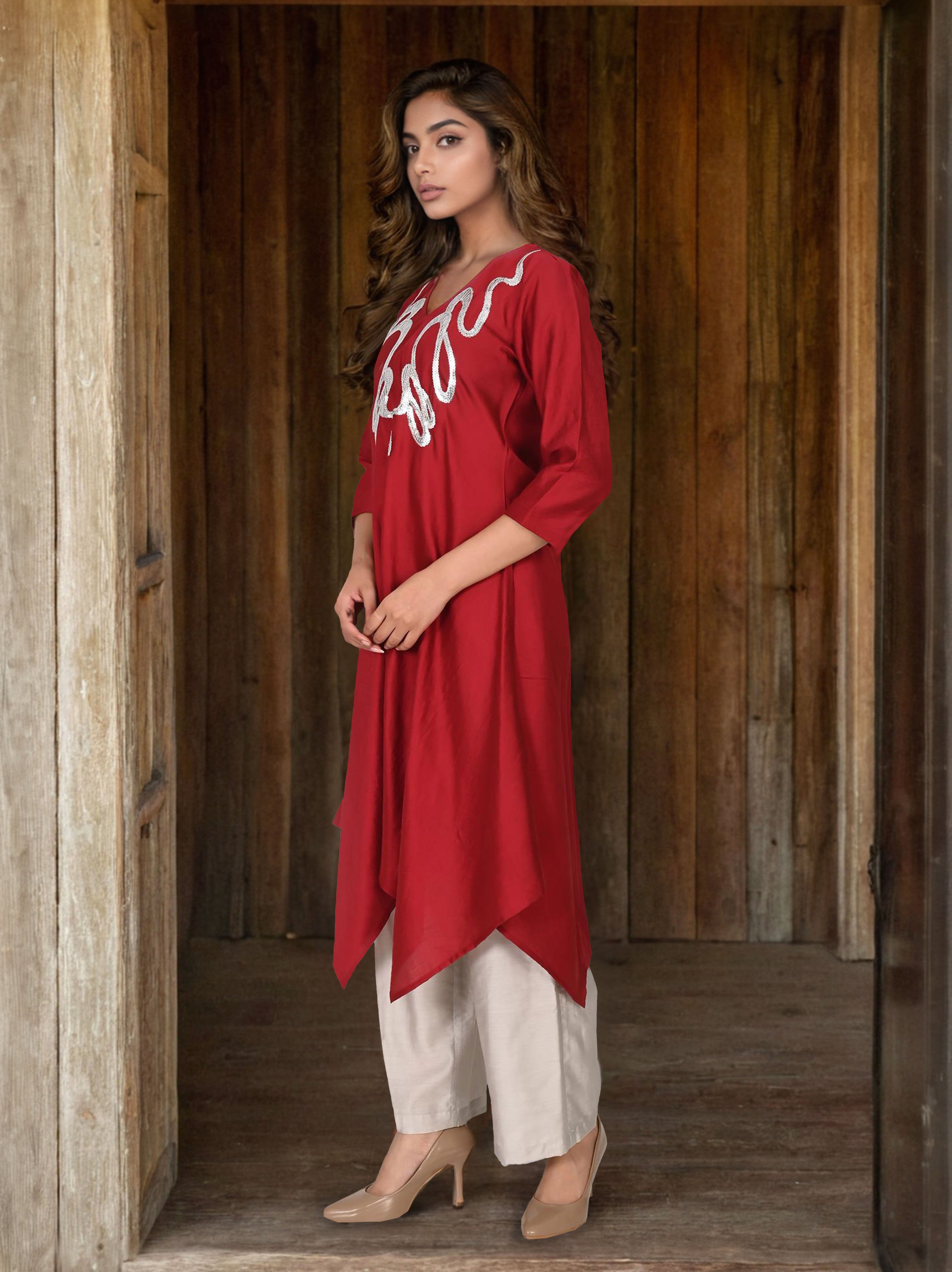 Maroon Satin Cord Set with Neckline Detailing