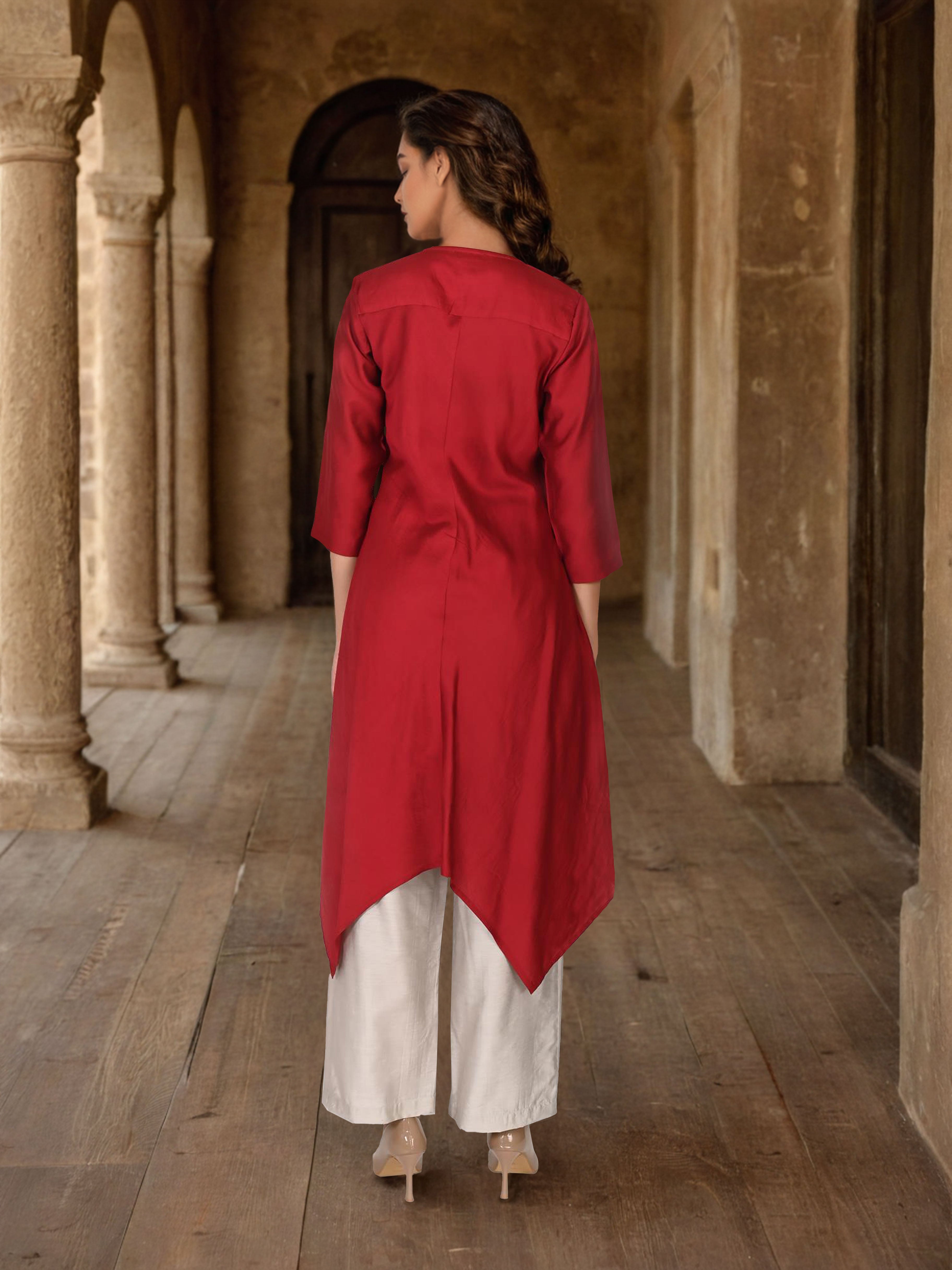 Maroon Satin Cord Set with Neckline Detailing