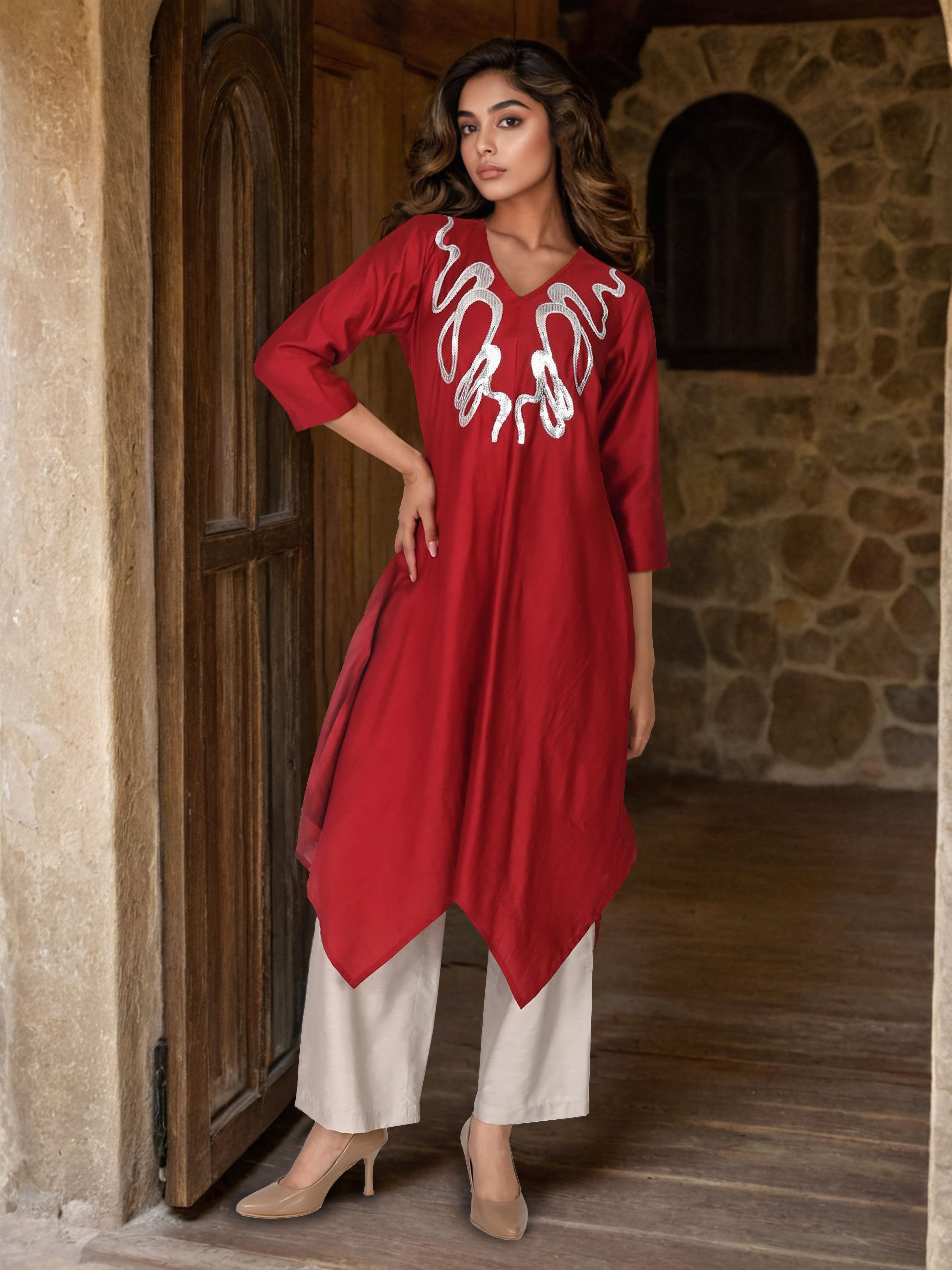 Maroon Satin Cord Set with Neckline Detailing