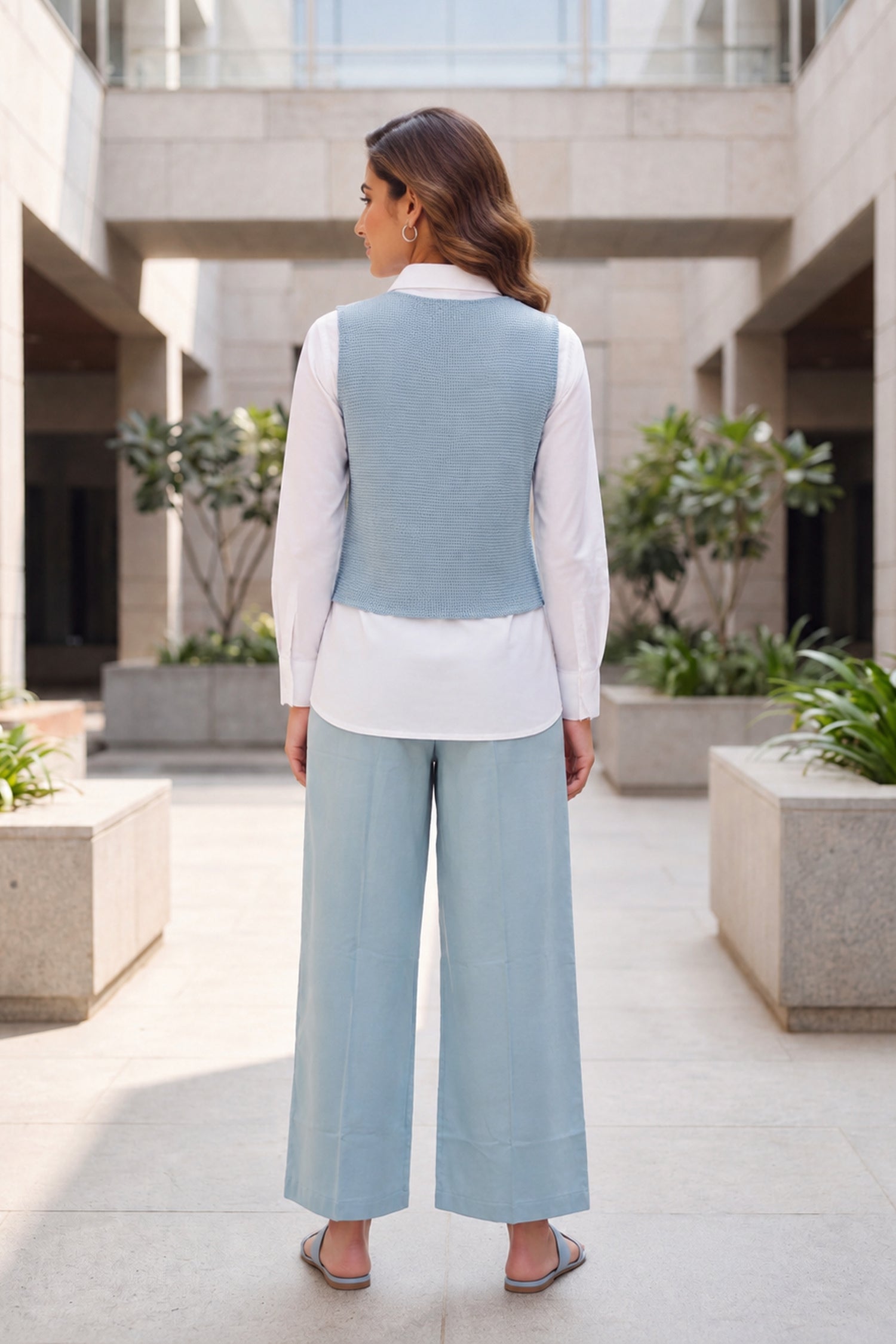 Knitted cotton solid Shirt With Button Down Palazzos Co-Ord Set
