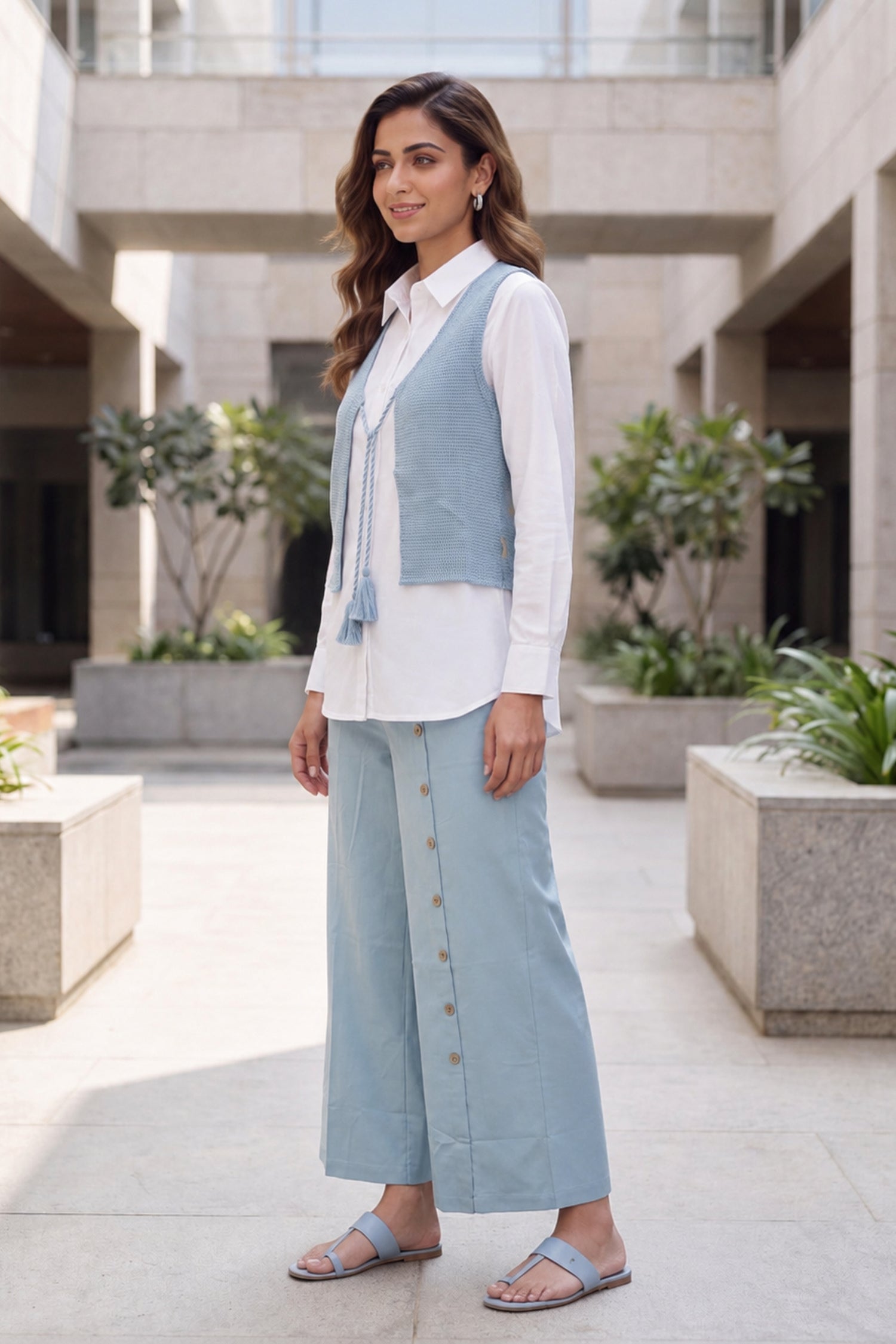 Knitted cotton solid Shirt With Button Down Palazzos Co-Ord Set