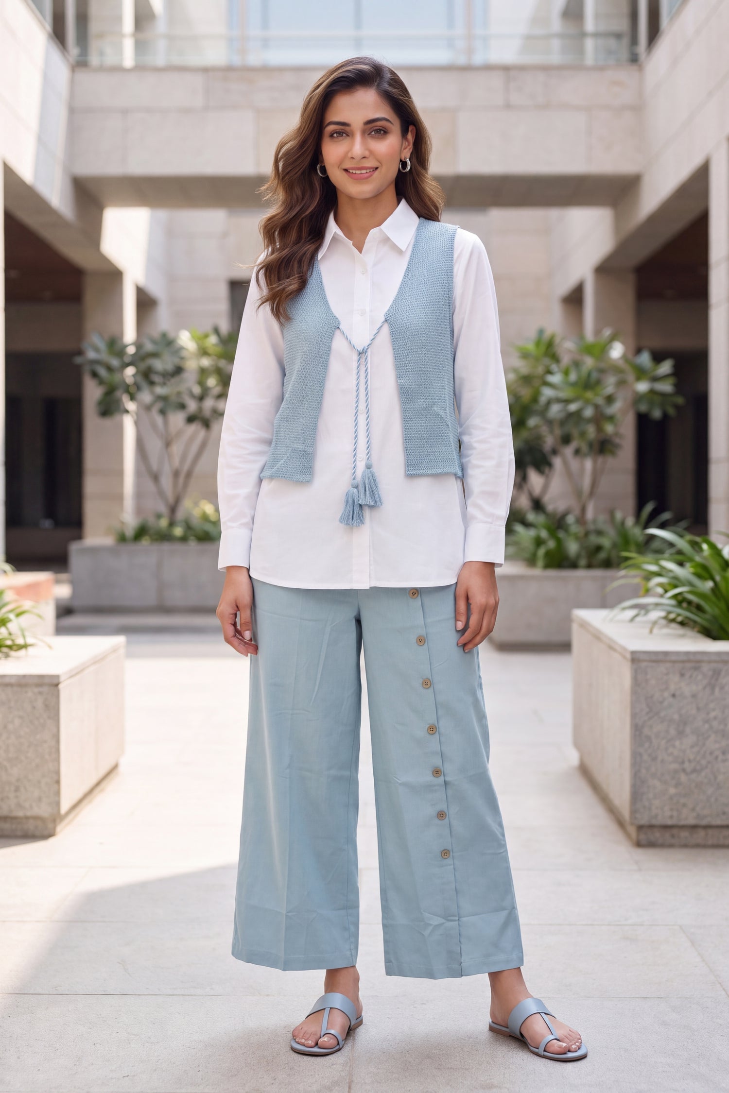 Knitted cotton solid Shirt With Button Down Palazzos Co-Ord Set