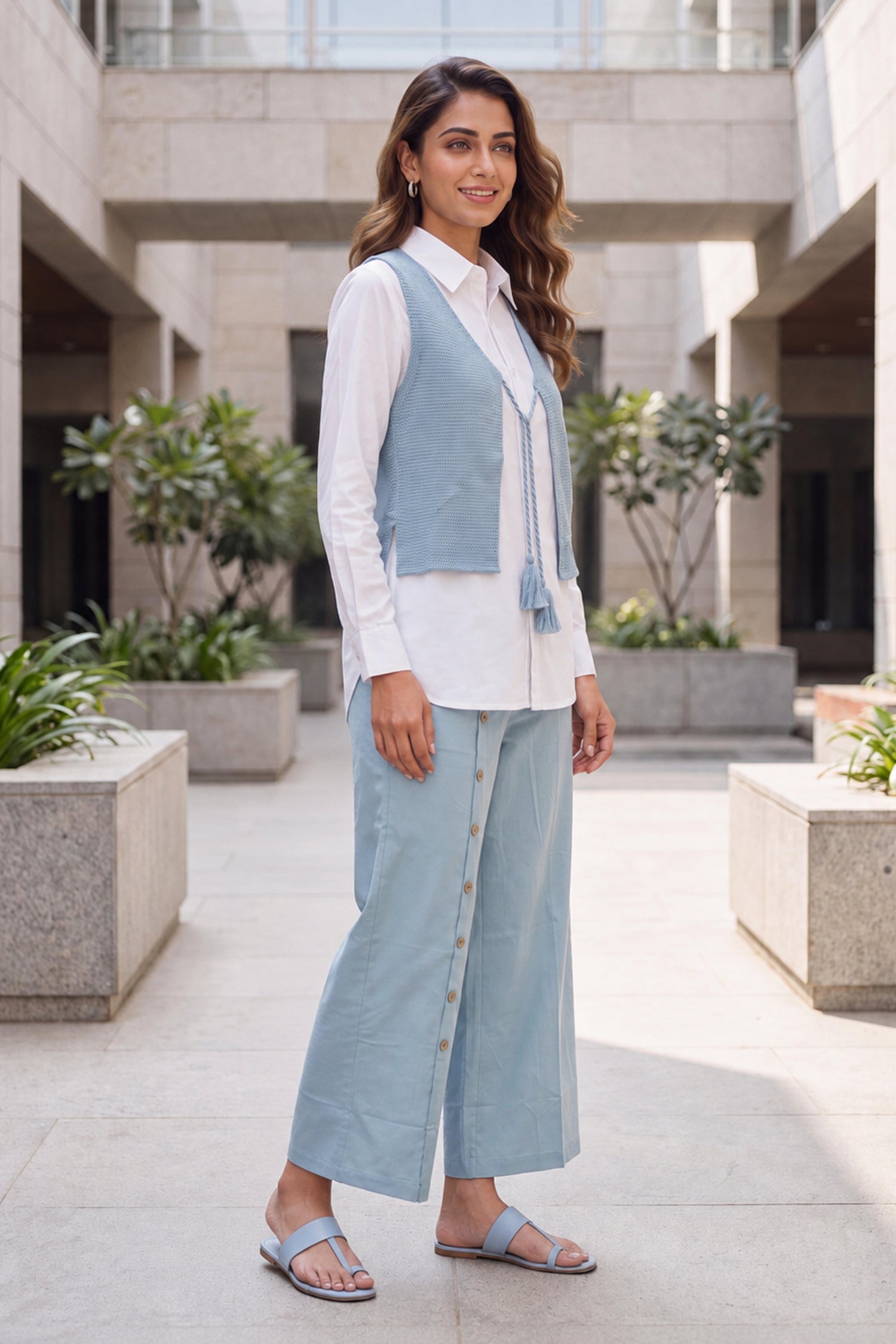 Knitted cotton solid Shirt With Button Down Palazzos Co-Ord Set