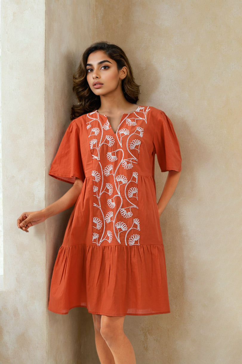 Orange Radiance Embroidered Cotton Delight Dress