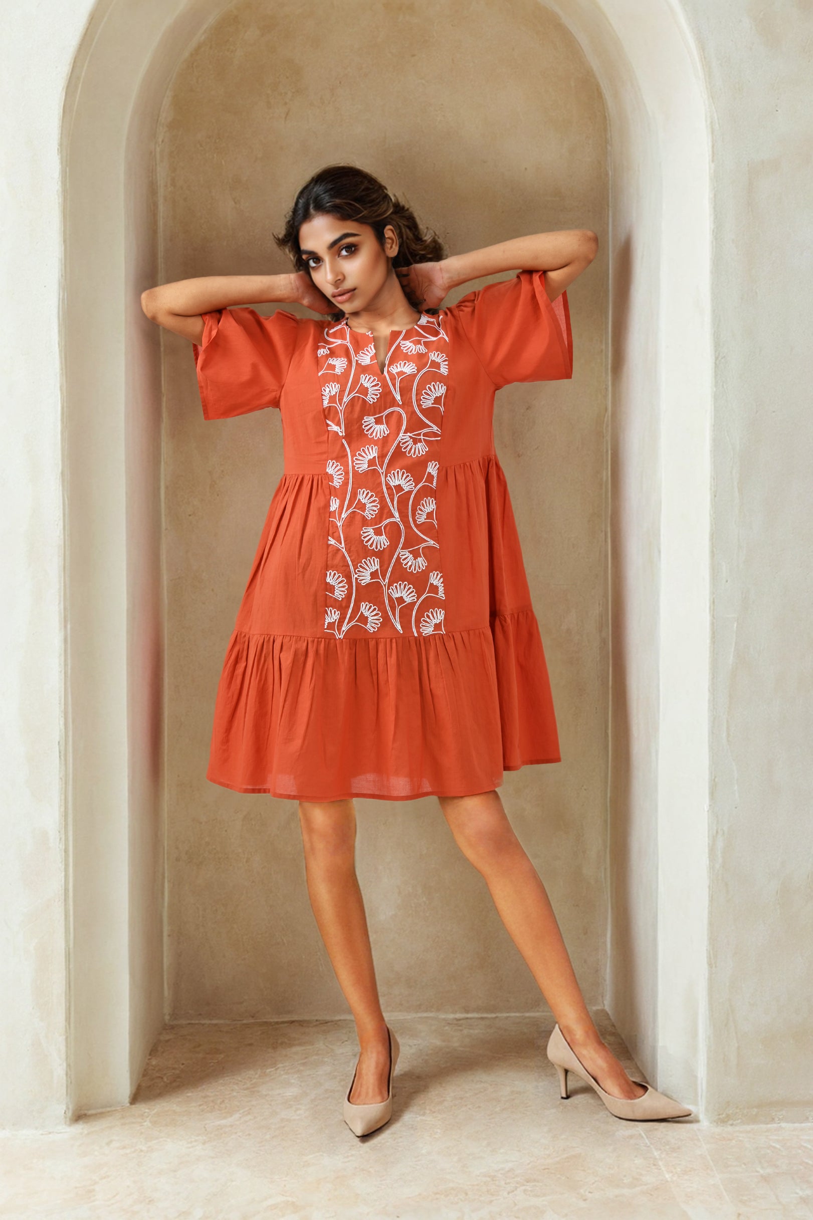 Orange Radiance Embroidered Cotton Delight Dress