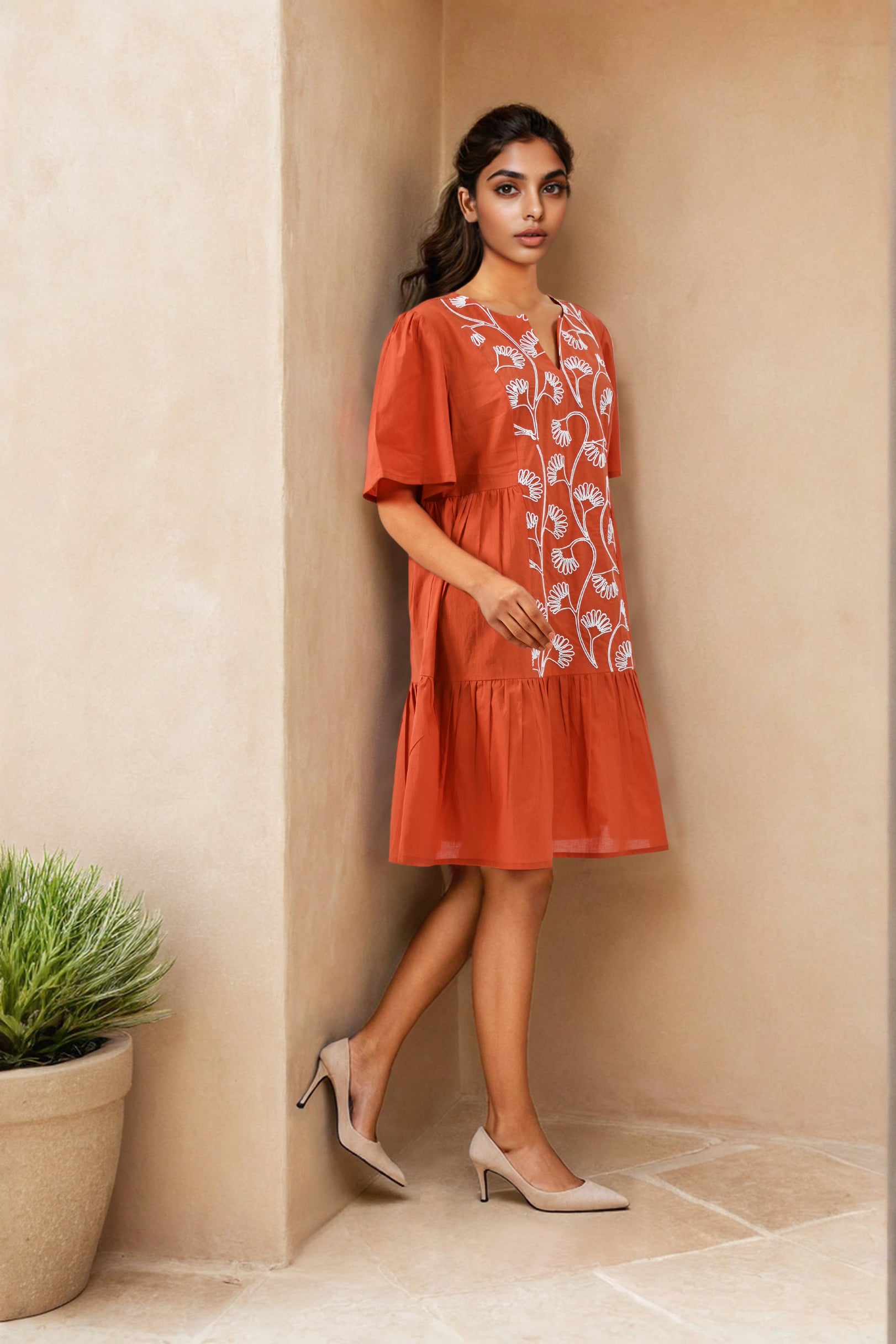 Orange Radiance Embroidered Cotton Delight Dress