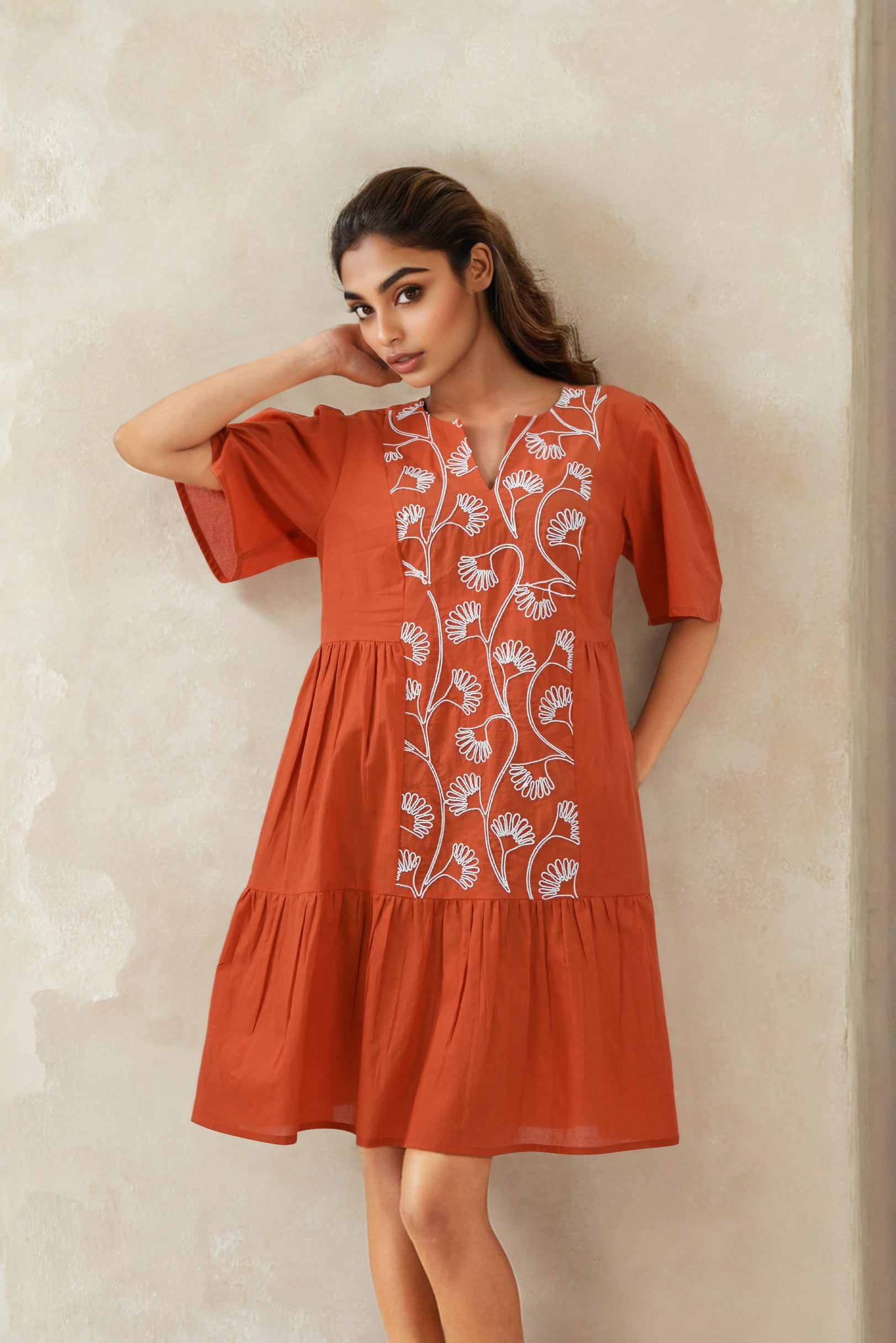 Orange Radiance Embroidered Cotton Delight Dress