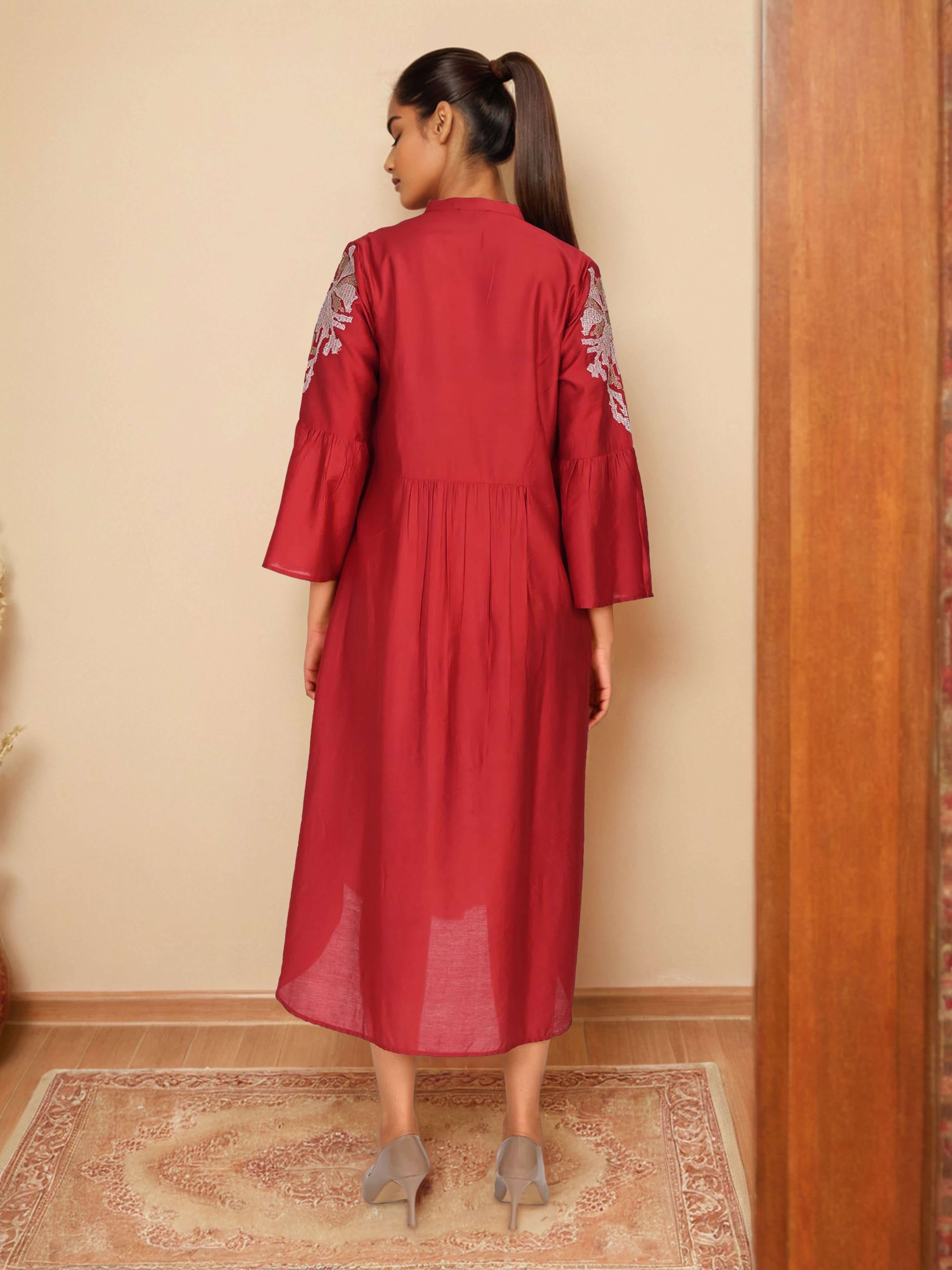 Maroon Elegance Satin Embroidered Long Dress
