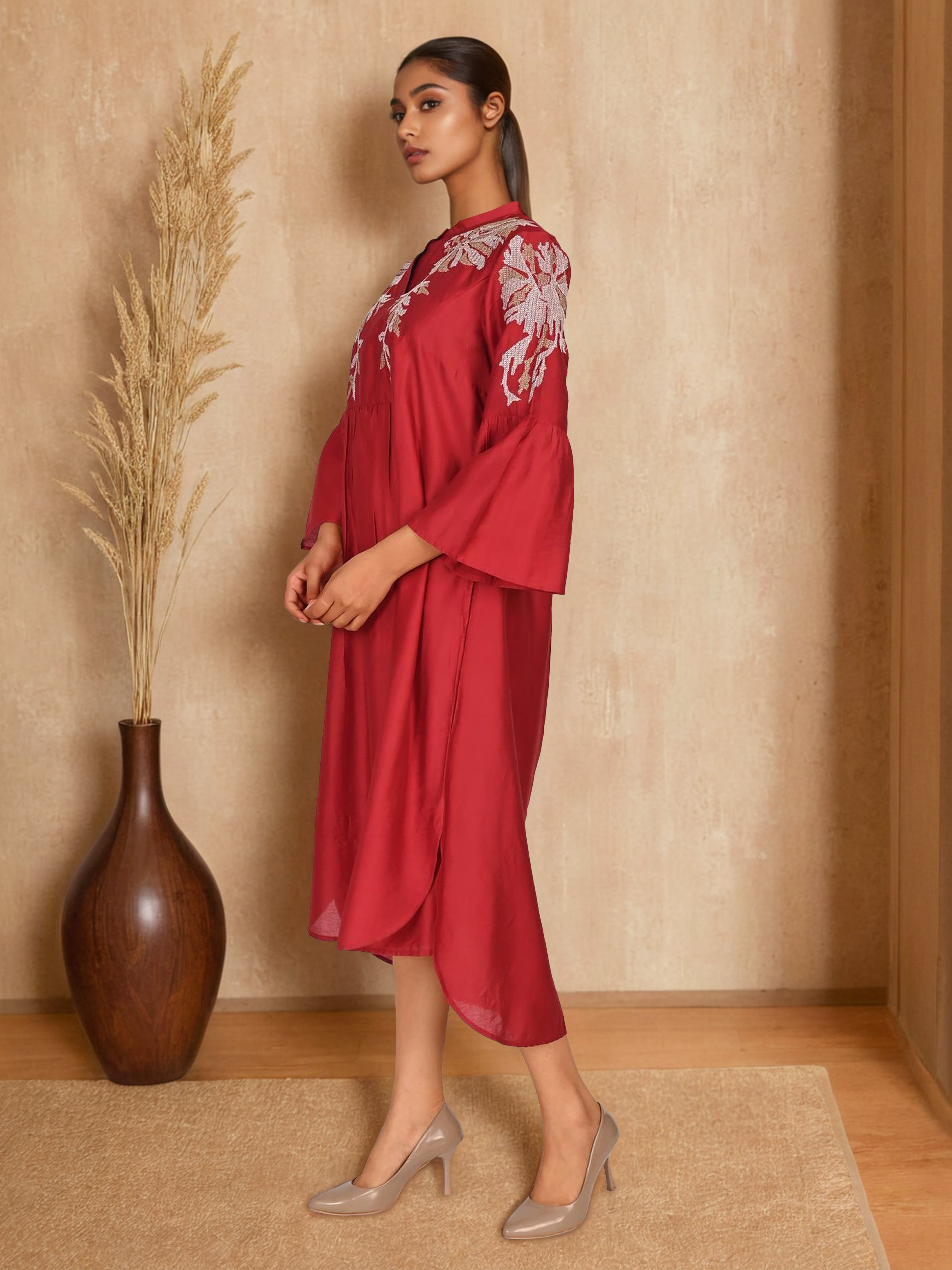 Maroon Elegance Satin Embroidered Long Dress