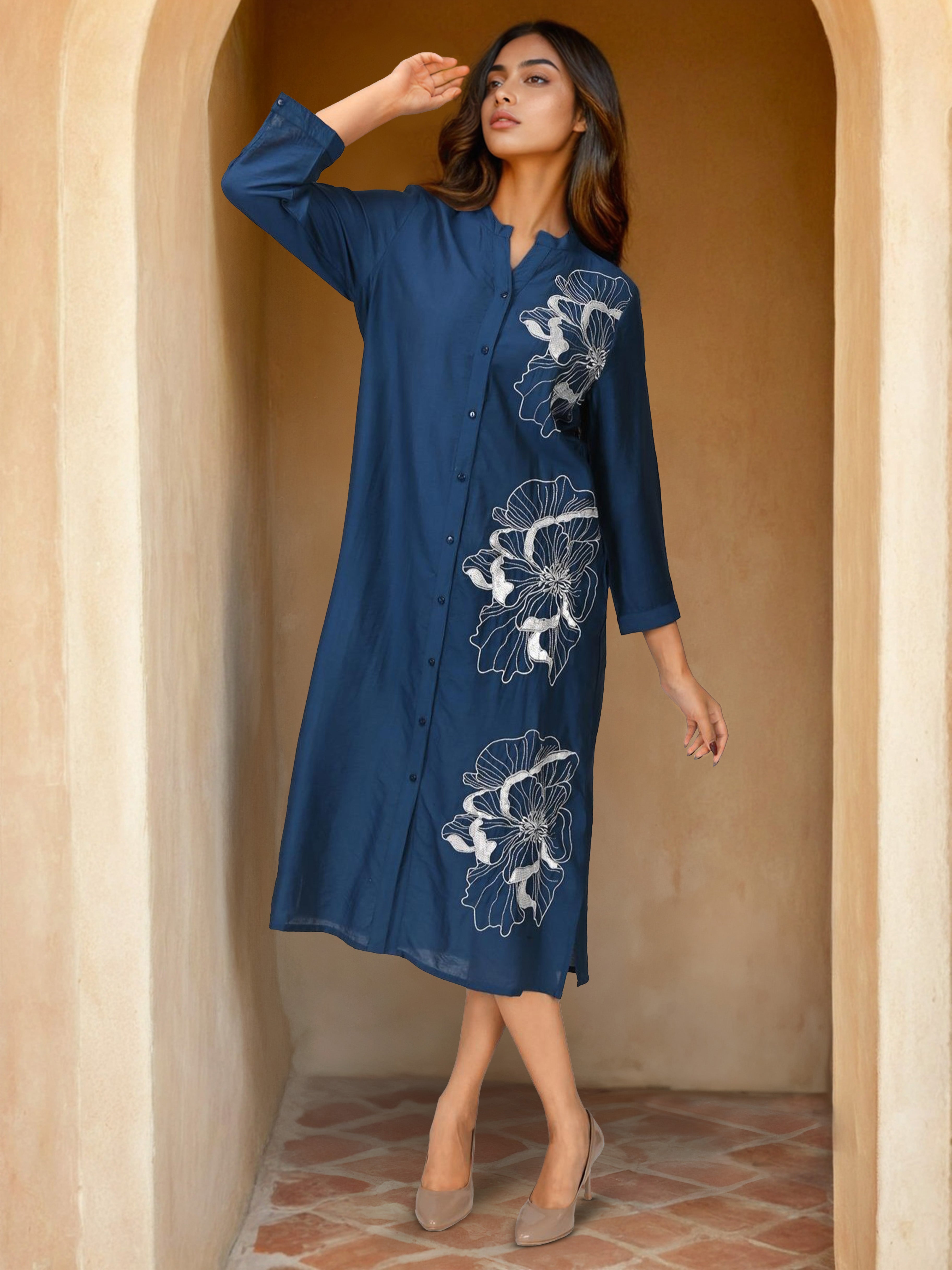Navy Blue Long Shirt Style Dress with Embroidery