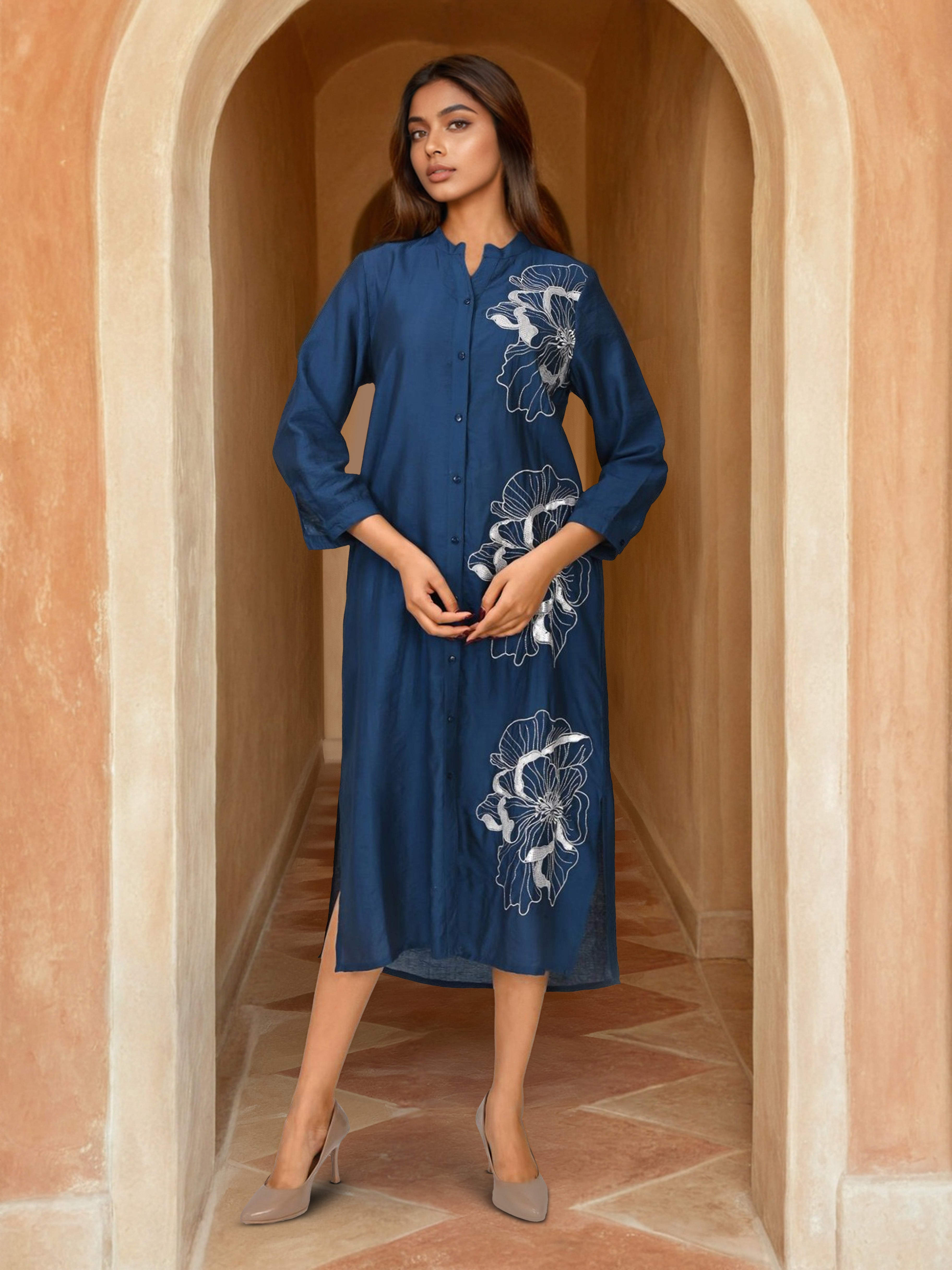 Navy Blue Long Shirt Style Dress with Embroidery