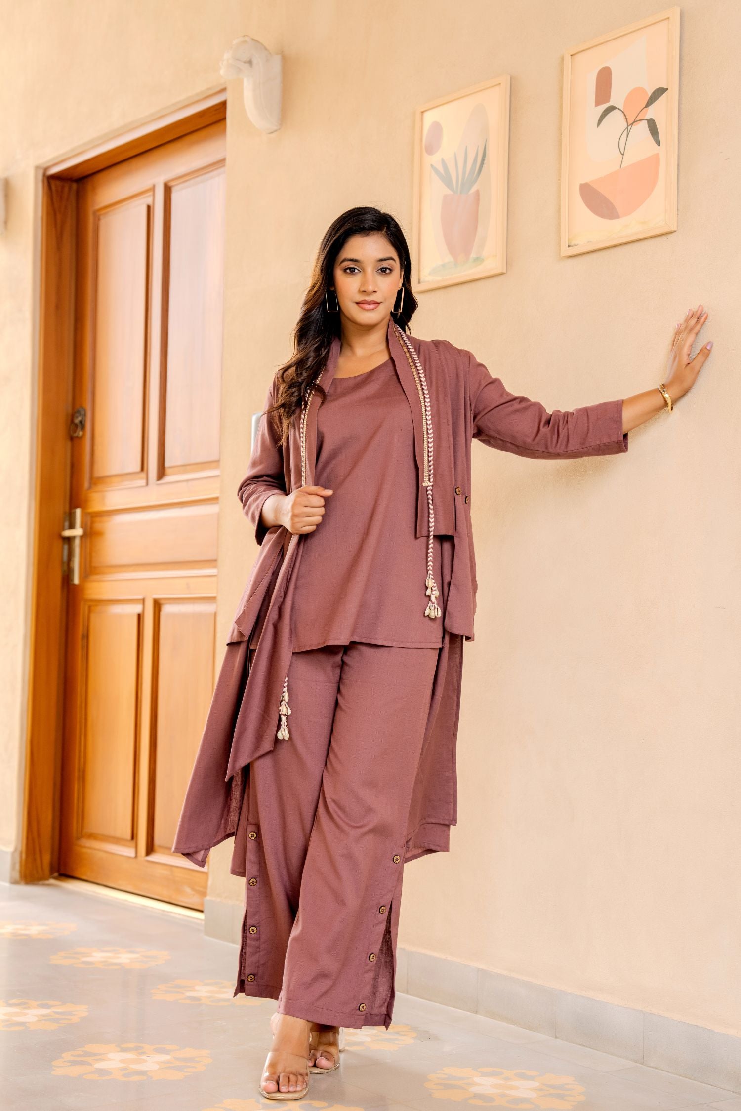 Mauve Solid Pure Cotton Straight Top Palazzo Set