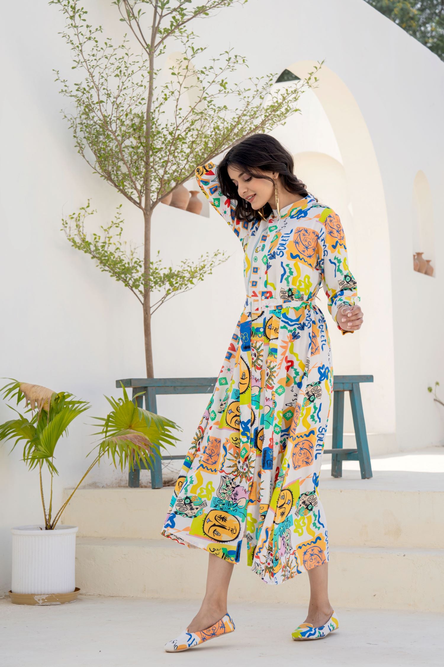 Freyaa Funky Print Dress with Belt for a Trendy Look