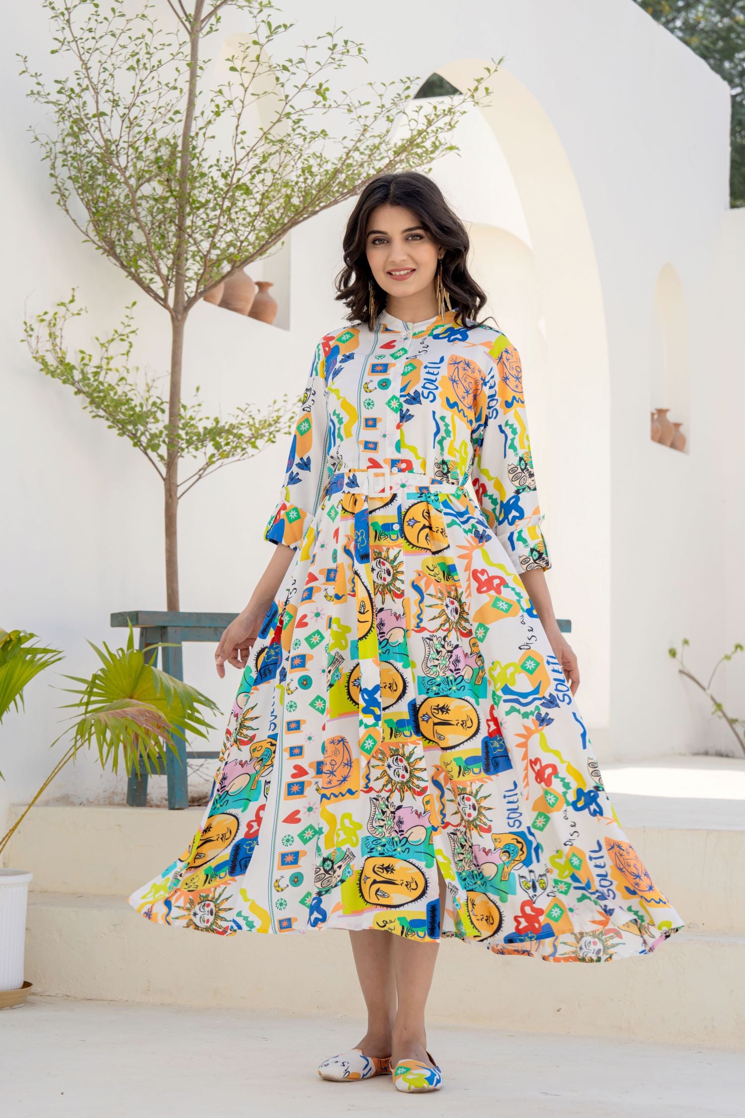 Freyaa Funky Print Dress with Belt for a Trendy Look