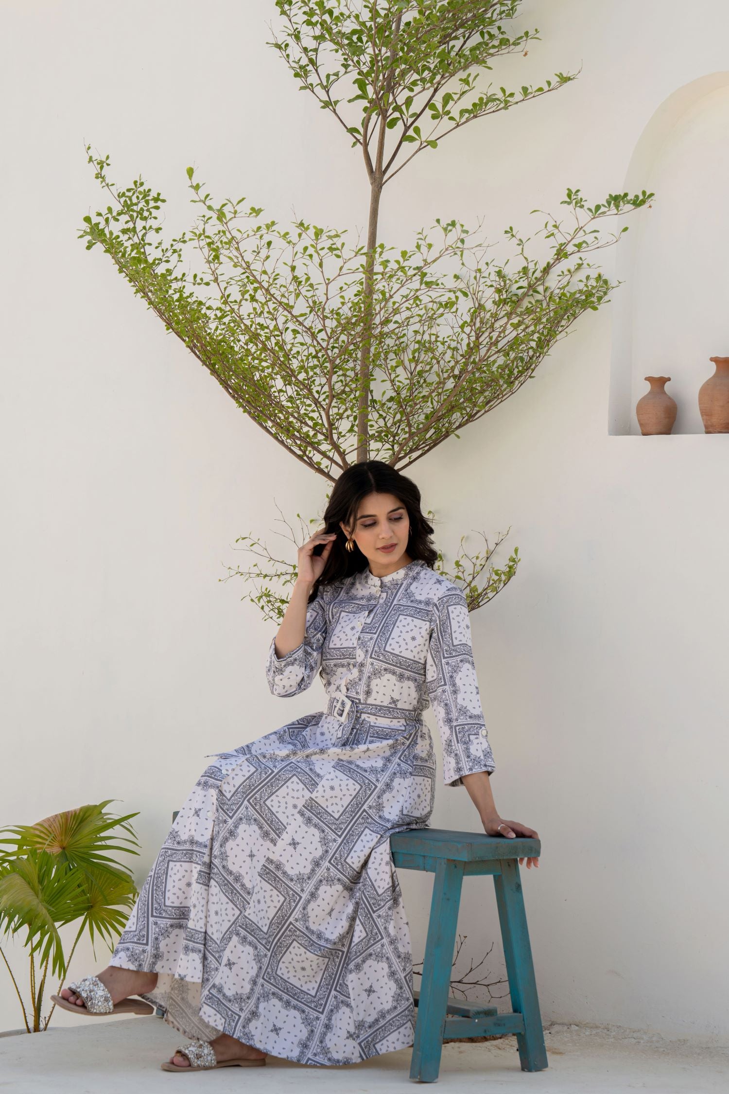 Chic Freyaa Off-White Printed Dress for a Classic Style With Belt