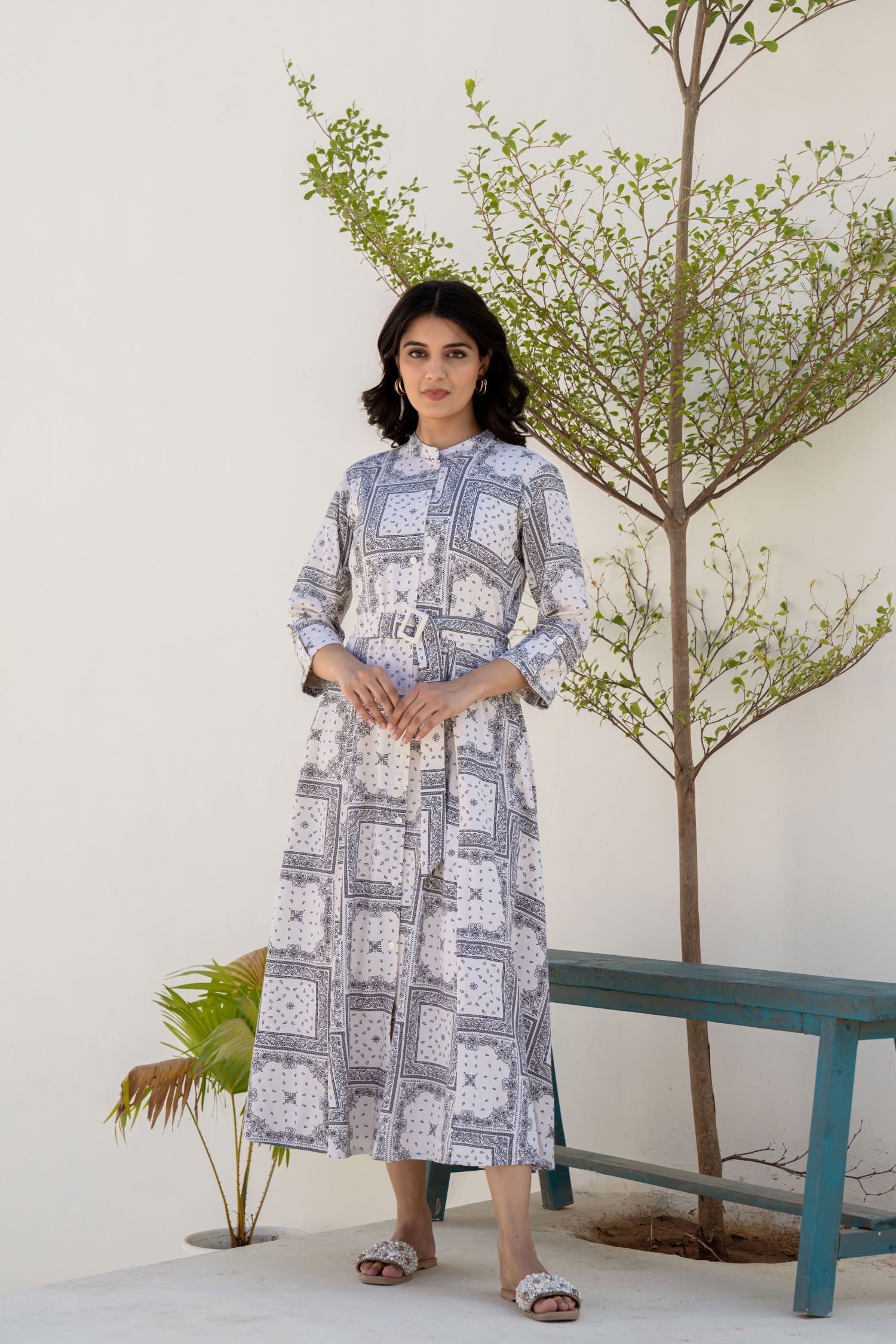 Chic Freyaa Off-White Printed Dress for a Classic Style With Belt