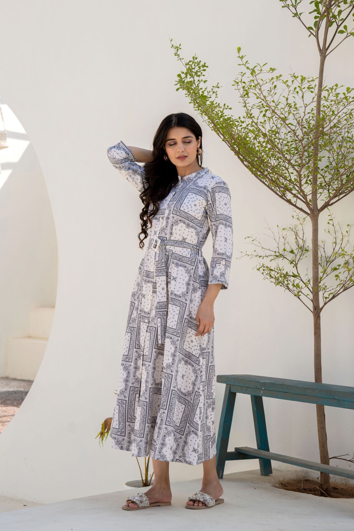 Chic Freyaa Off-White Printed Dress for a Classic Style With Belt