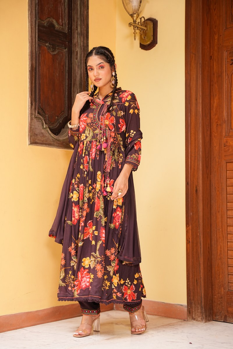 Wine Anarkali Traditional Kurta Set - Freyaa
