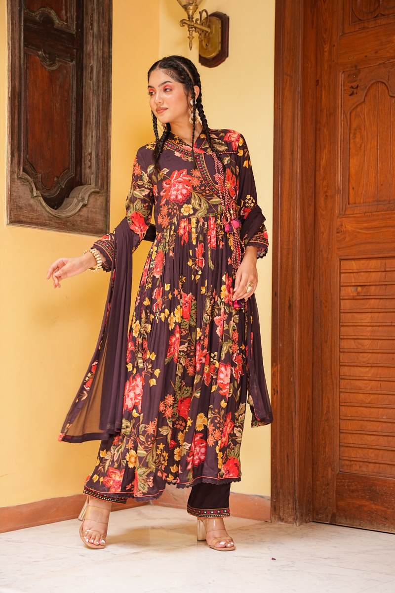 Wine Anarkali Traditional Kurta Set 1 - Freyaa