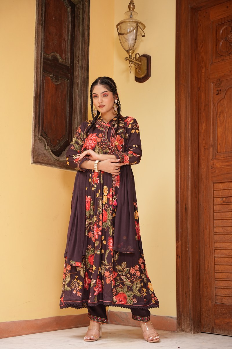 Wine Anarkali Traditional Kurta Set 2 - Freyaa