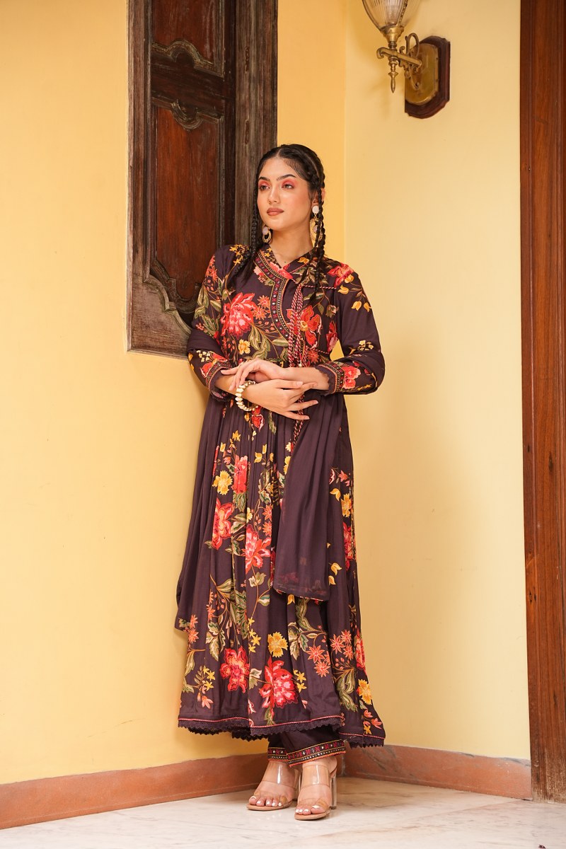 Wine Anarkali Traditional Kurta Set 3 - Freyaa